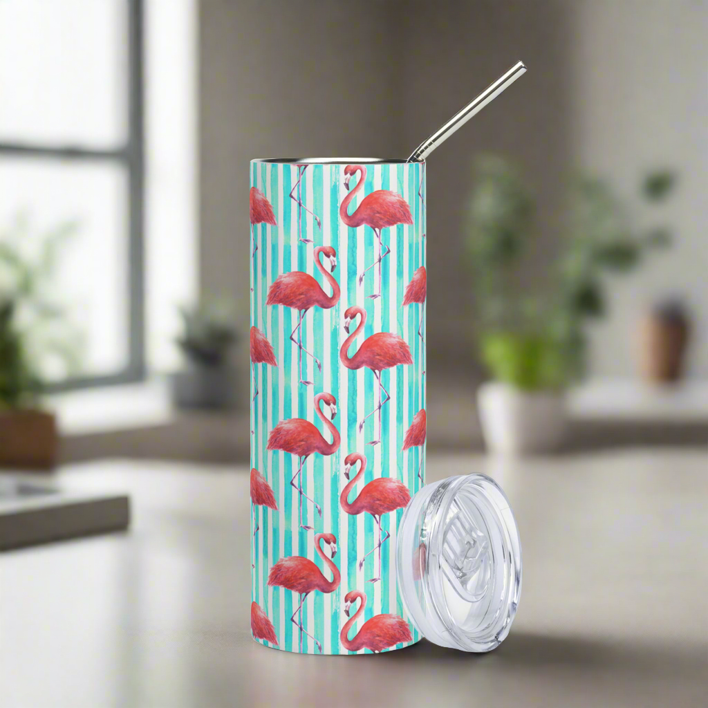 Vibrant summer flamingo stainless steel tumbler with colorful tropical print, perfect for iced coffee, cold drinks, and beach days. This 20 oz insulated tumbler with lid and straw is ideal for flamingo lovers, coastal vacations, and poolside parties. Great gift for women, moms, or friends who enjoy fun summer drinkware and reusable travel mugs. Cute flamingo cup that keeps drinks cold in style.