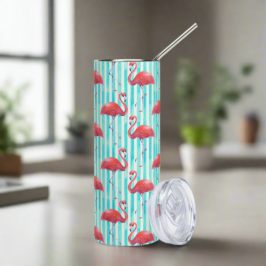 Vibrant summer flamingo stainless steel tumbler with colorful tropical print, perfect for iced coffee, cold drinks, and beach days. This 20 oz insulated tumbler with lid and straw is ideal for flamingo lovers, coastal vacations, and poolside parties. Great gift for women, moms, or friends who enjoy fun summer drinkware and reusable travel mugs. Cute flamingo cup that keeps drinks cold in style.
