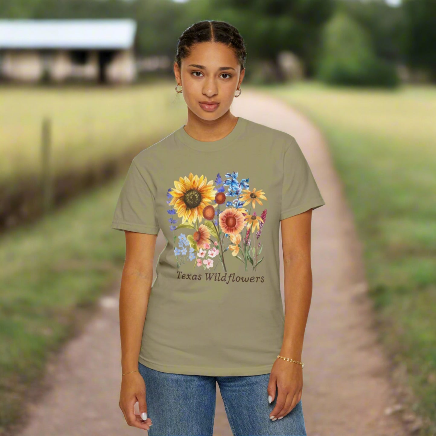 Texas wildflower tee in Comfort Colors style with bluebonnet graphics and a pastel floral print. This soft girl, Southern-style shirt celebrates spring blooms and Texas pride. A beautiful gift for nature lovers or festivalgoers, it’s breathable, comfy, and perfect for casual looks inspired by wildflower drives and spring landscapes.