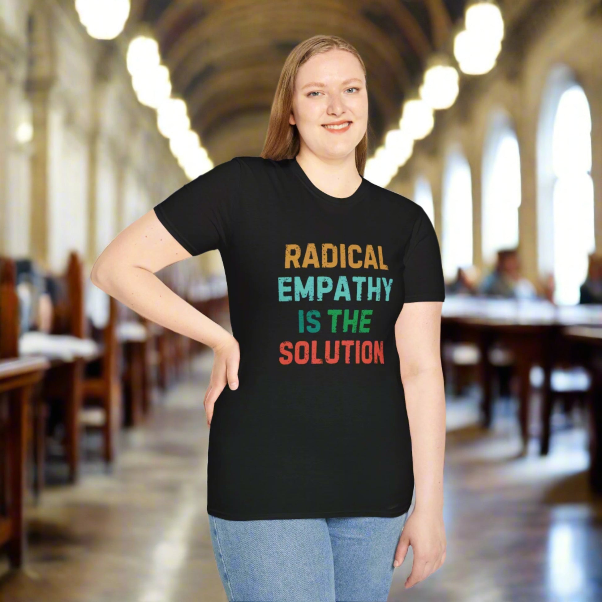 Image: Make a statement with this bold "Radical Empathy is the Solution" t-shirt, a must-have for activists and progressive thinkers. This unisex tee is perfect for rallies, protests, or everyday wear, ensuring your values are seen and heard. Whether you support mental health awareness, neurodiversity, or feminist causes, this inclusion shirt is a great way to share your message, by jaecrece.