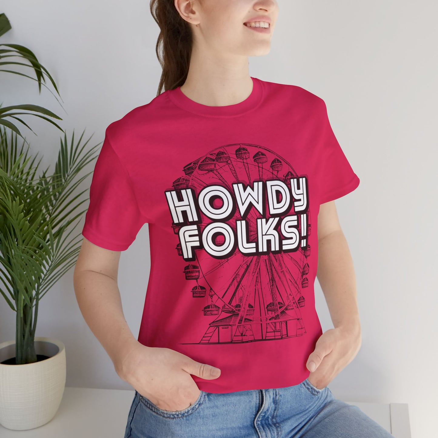State Fair of TEXAS "Howdy Folks!'  adult shirt. This unisex tee features a retro graphic of a ferris wheel with the words Howdy Folks in large block letters. by jaecrece