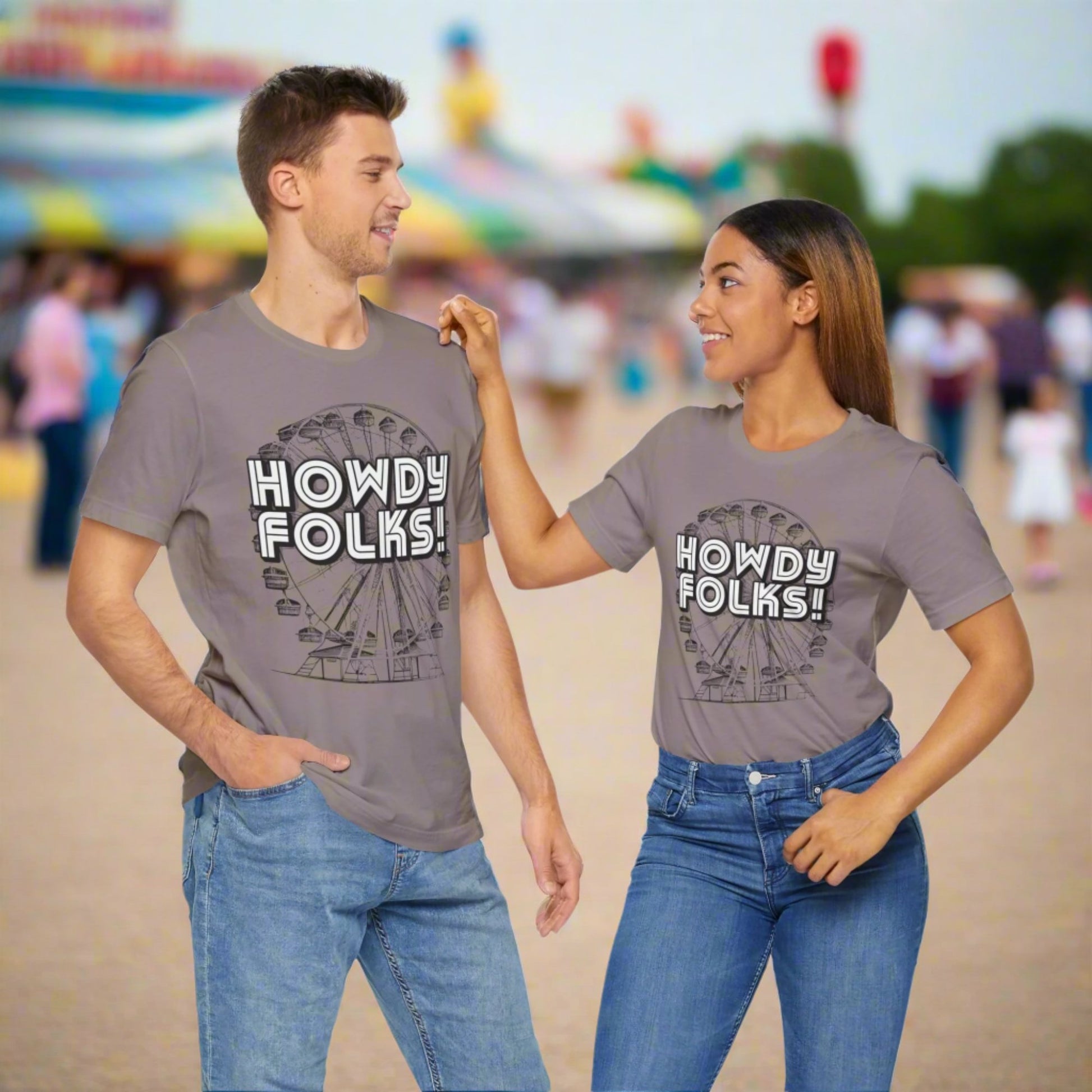 State Fair of TEXAS "Howdy Folks!'  adult shirt. This unisex tee features a retro graphic of a ferris wheel with the words Howdy Folks in large block letters. by jaecrece