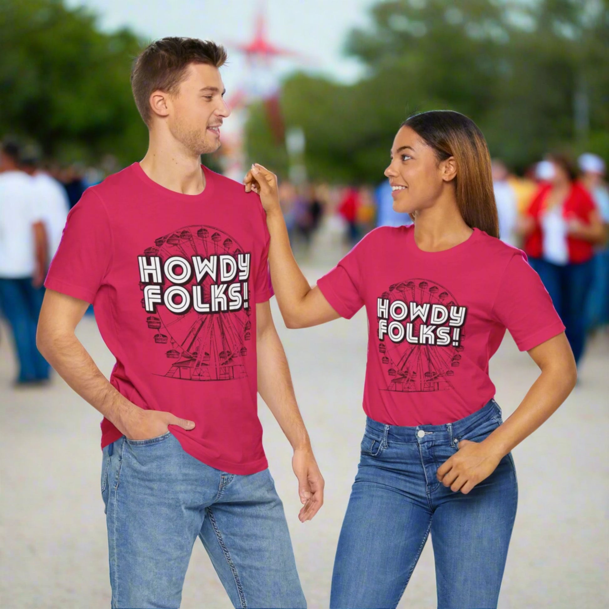 State Fair of TEXAS "Howdy Folks!'  adult shirt. This unisex tee features a retro graphic of a ferris wheel with the words Howdy Folks in large block letters. by jaecrece