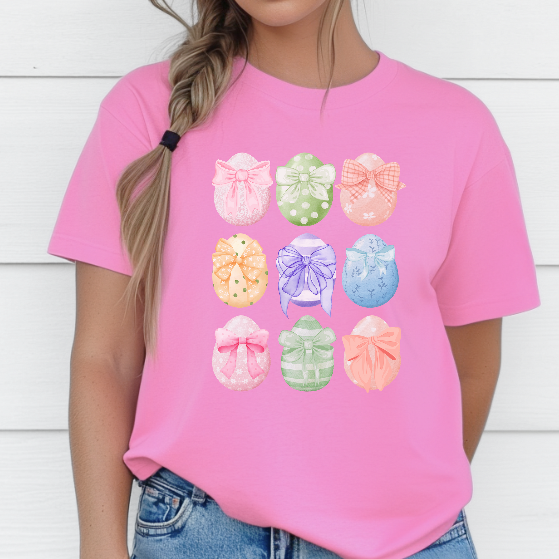 Image: Easter egg tshirt with coquette bows for women. This tee makes a great Easter basket gift, or the perfect outfit for Easter celebrations, by jaecrece