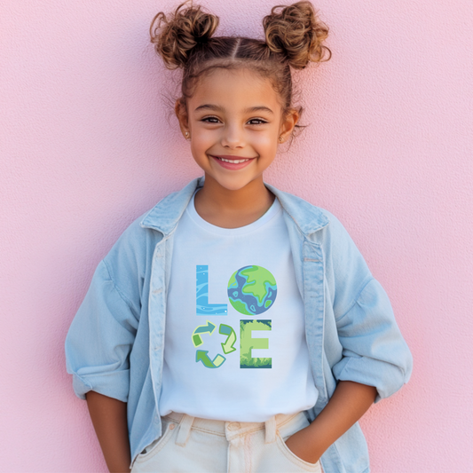Image: LOVE Earth Day Kids Shirt- A bright and inspiring Love Earth Day shirt available in sizes for kids and adults, making it a perfect choice for family matching outfits. This design emphasizes environmental responsibility and the importance of protecting the planet. Great for Earth Day events, eco friendly initiatives, or everyday wear, this shirt is a stylish and meaningful way to express love for nature and raise awareness about sustainability, by jaecrece.