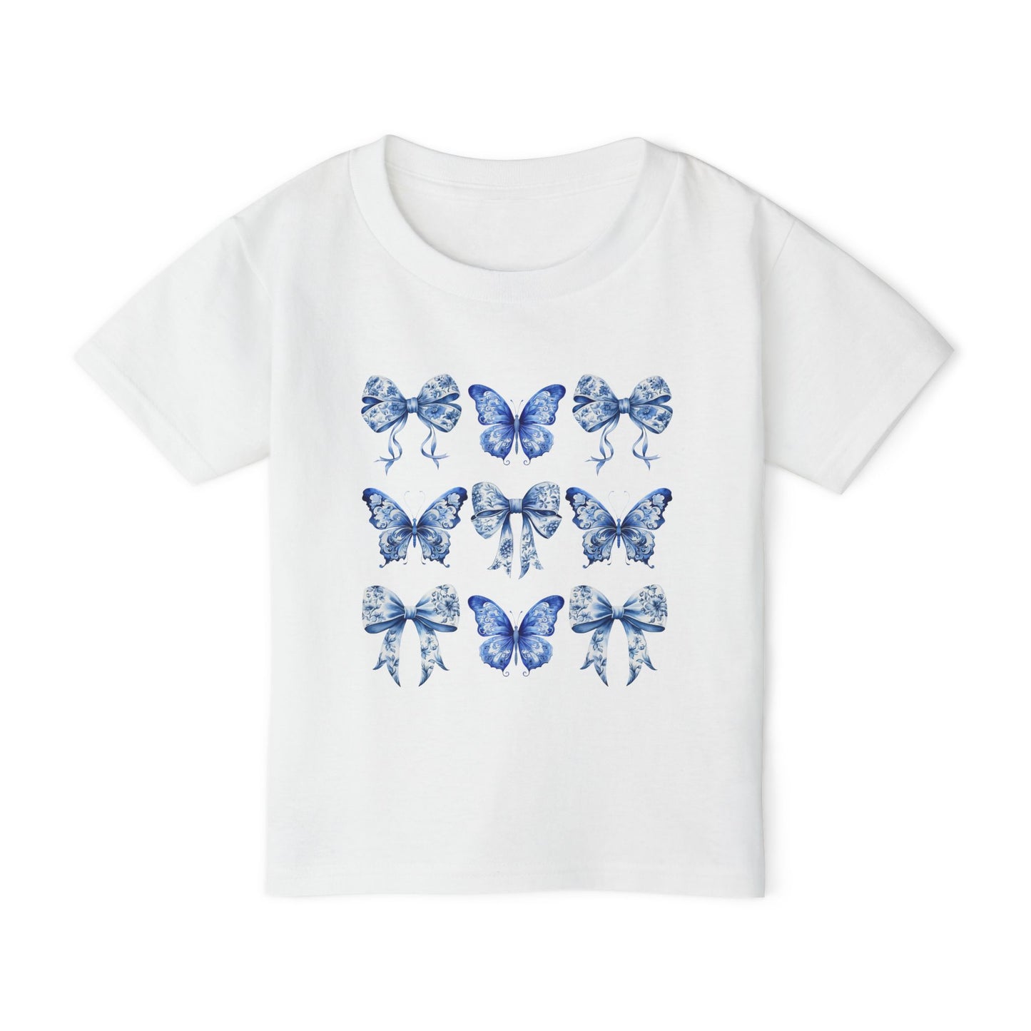 Blue Toile toddler tee for girls features a classic butterfly and bow motif in soft blue hues, perfect for fans of cottagecore, Texas coquette trends, and coastal cowgirl style. Designed for comfort and charm, this cute spring shirt for toddlers is ideal for everyday play or family matching moments. Sizes 2T to 6T make it easy to twin with older siblings or moms. An aesthetic, versatile gift for fashionable little ones, by jaecrece.