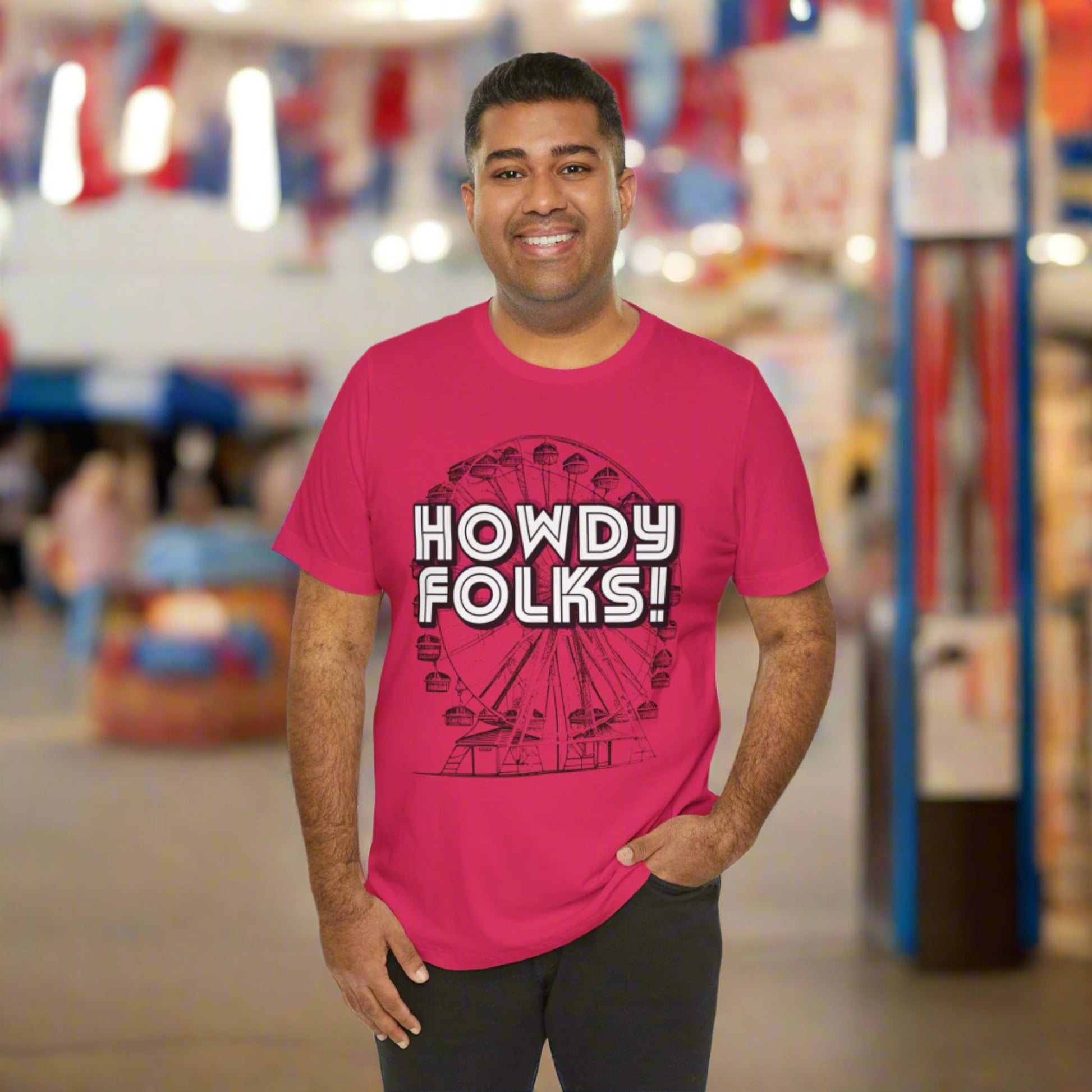 State Fair of TEXAS "Howdy Folks!'  adult shirt. This unisex tee features a retro graphic of a ferris wheel with the words Howdy Folks in large block letters. by jaecrece