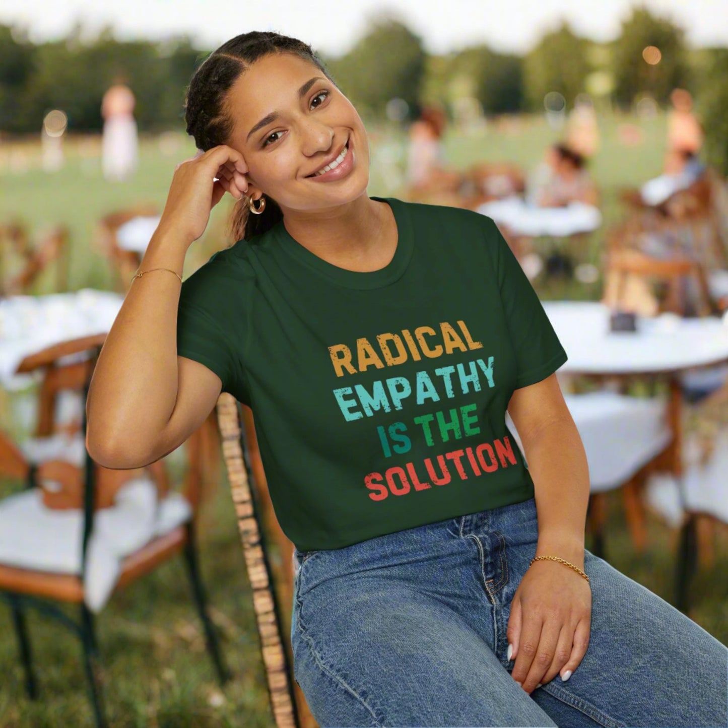 Image: Make a statement with this bold "Radical Empathy is the Solution" t-shirt, a must-have for activists and progressive thinkers. This unisex tee is perfect for rallies, protests, or everyday wear, ensuring your values are seen and heard. Whether you support mental health awareness, neurodiversity, or feminist causes, this inclusion shirt is a great way to share your message, by jaecrece.