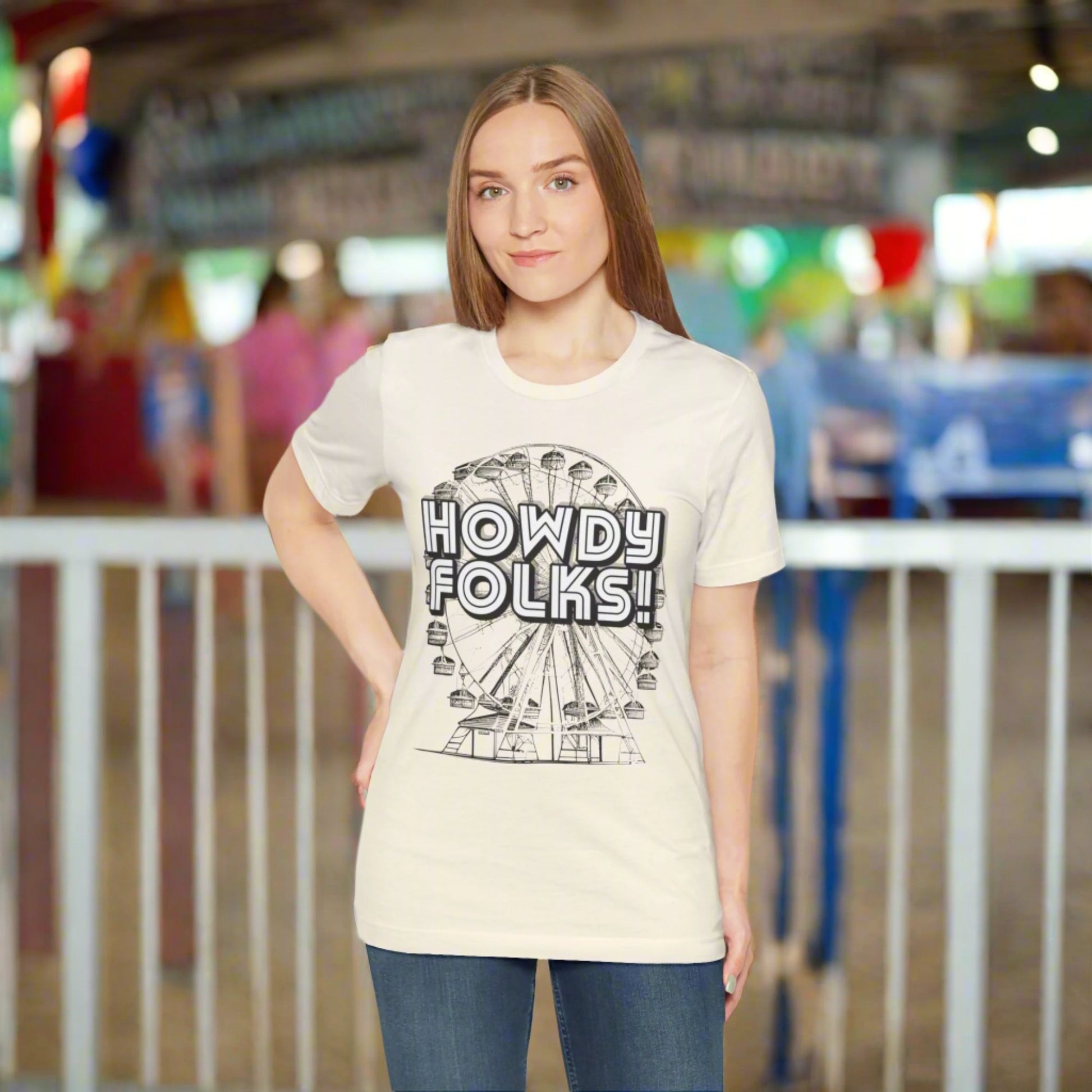 State Fair of TEXAS "Howdy Folks!'  adult shirt. This unisex tee features a retro graphic of a ferris wheel with the words Howdy Folks in large block letters. by jaecrece