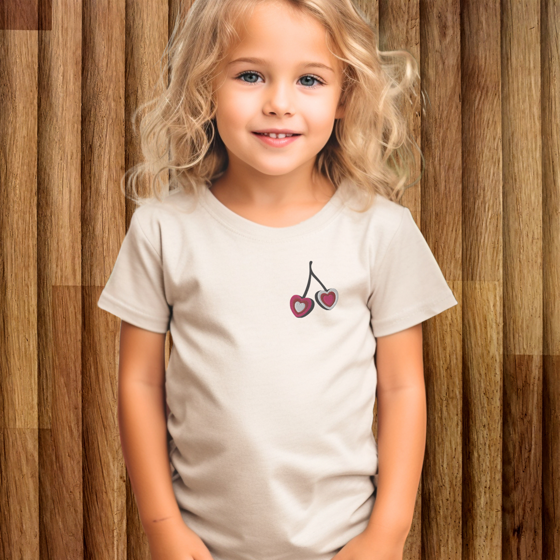 Image: Cherry Embroidery Shirt for Girls. This Valentines Day crewneck tee features two embroidered cherries on the left chest in red, pink and white with black stems. Great gift for tweens and toddlers who love the cherrycore aesthetic, by jaecrece