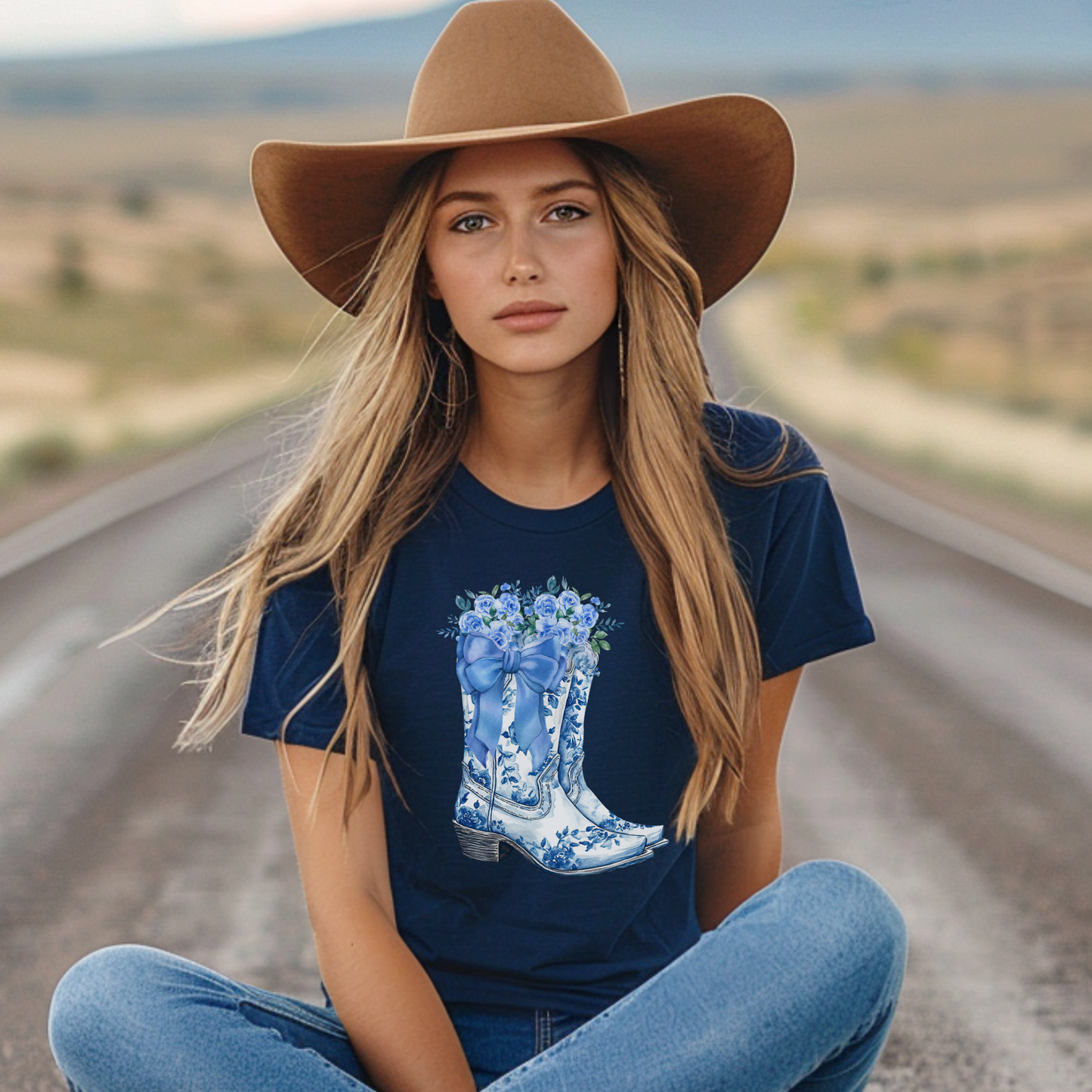 Image: Blue Toile Boots and Bows shirt in sizes for women. This pullover shirt features a pair of coastal cowgirl aesthetic cowboy boots with a blue bow and blue wildflowers. This country themed sweater makes a perfect gift for your daughter, or for the boujee mama in your life, by jaecrece