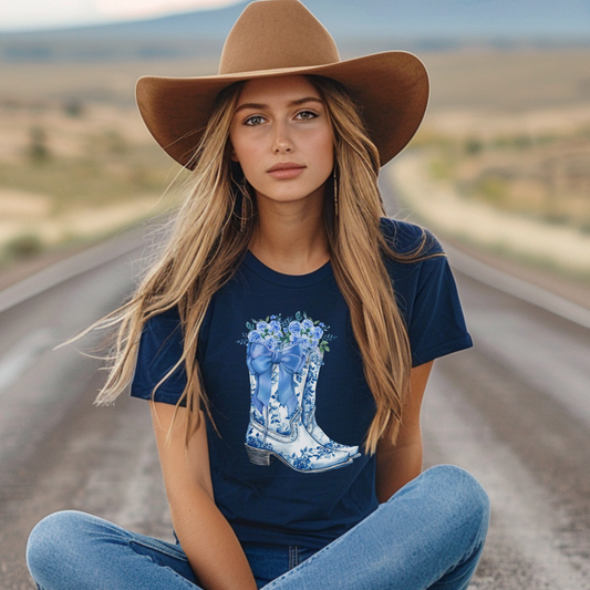 Image: Blue Toile Boots and Bows shirt in sizes for women. This pullover shirt features a pair of coastal cowgirl aesthetic cowboy boots with a blue bow and blue wildflowers. This country themed sweater makes a perfect gift for your daughter, or for the boujee mama in your life, by jaecrece