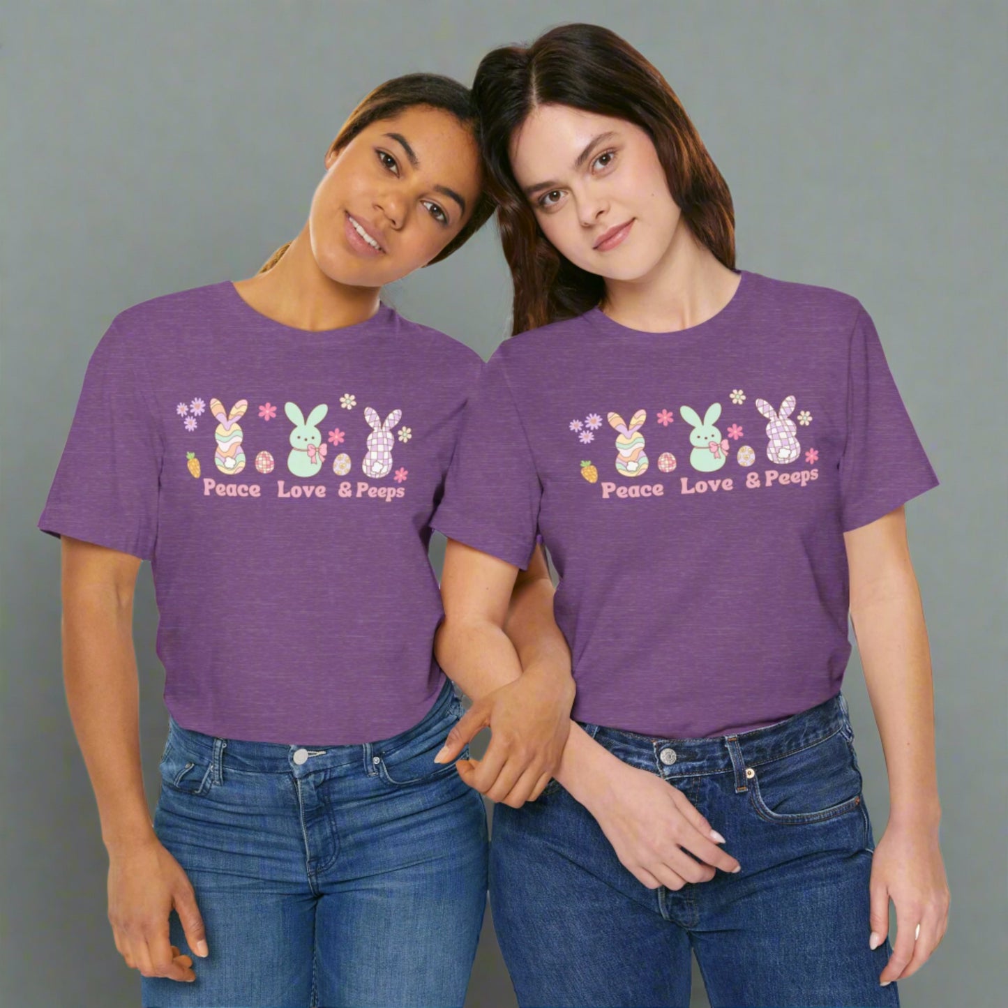 Image: Peace Love and Peeps Easter Shirt for Adults and Children. This Mommy and Me Match Easter Tee features Peeps Easter Candy with Easter Eggs and Daisies. A great Easter shirt for your family holiday celebrations, by jaecrece