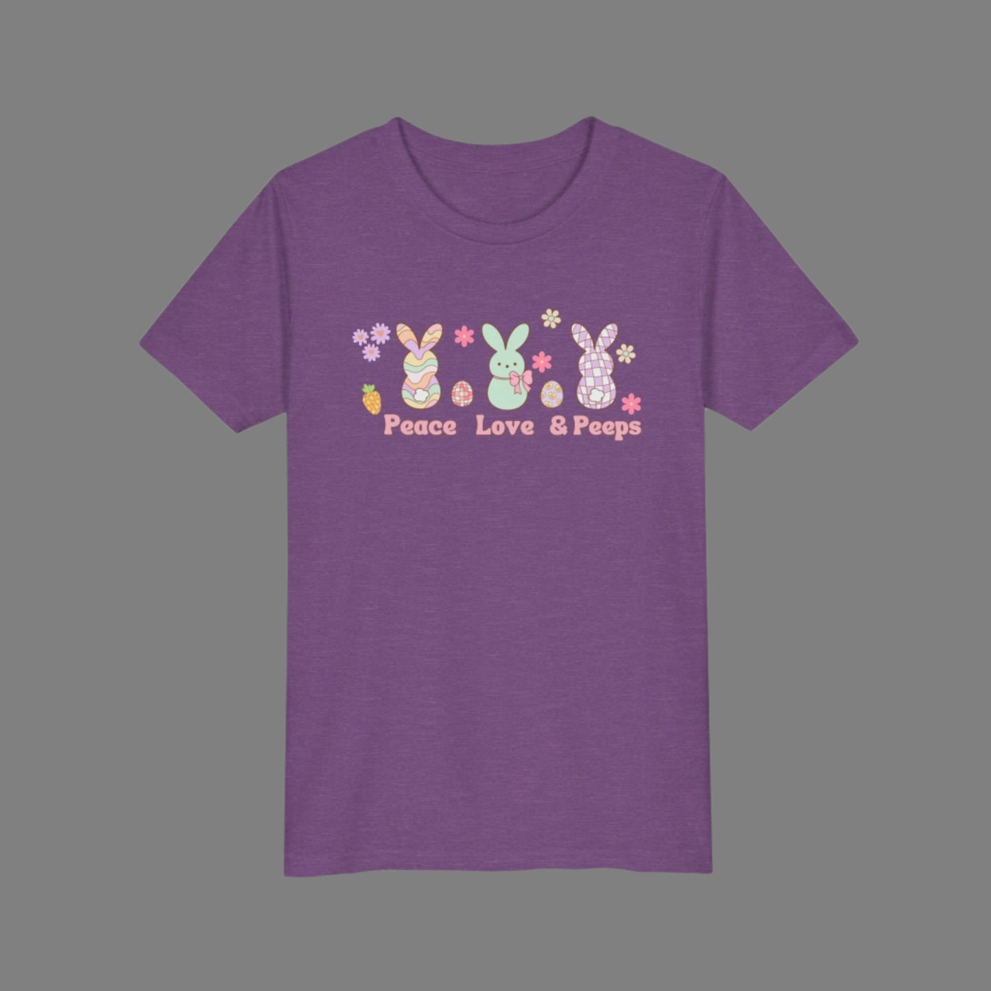 Image: Peace Love and Peeps Easter Shirt for Adults and Children. This Mommy and Me Match Easter Tee features Peeps Easter Candy with Easter Eggs and Daisies. A great Easter shirt for your family holiday celebrations, by jaecrece