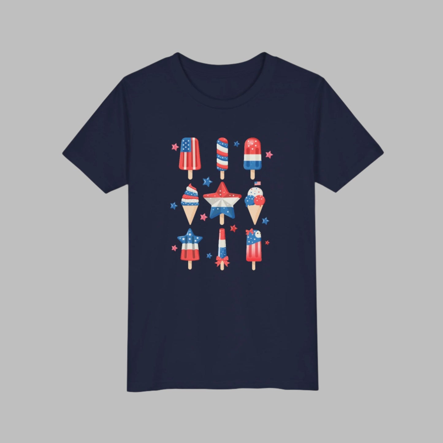 Image: Perfect for Independence Day fun, this child size popsicle shirt comes in S to XL and features a bold red white and blue theme. The colorful graphic adds a cheerful touch to any patriotic outfit, making it great for family barbecues, school events, or summer parties. Let your kid shine in this standout American tee during every holiday celebration, by jaecrece.