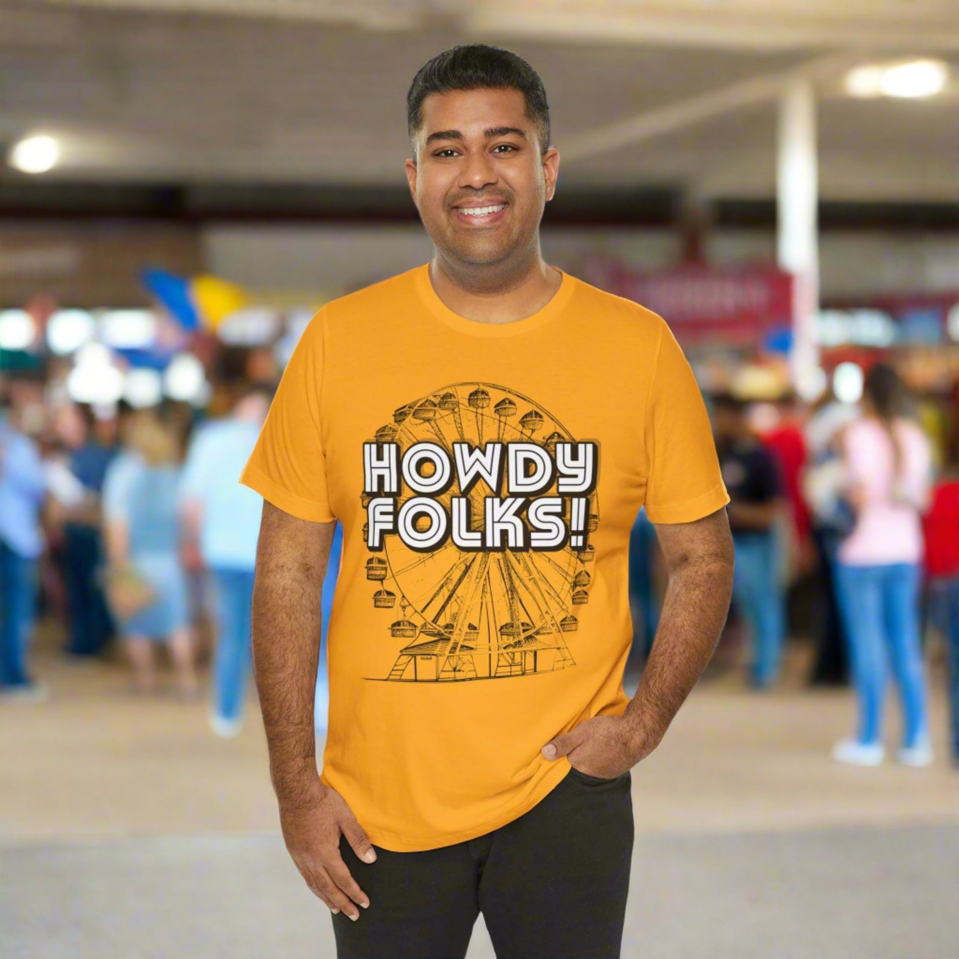 State Fair of TEXAS "Howdy Folks!'  adult shirt. This unisex tee features a retro graphic of a ferris wheel with the words Howdy Folks in large block letters. by jaecrece