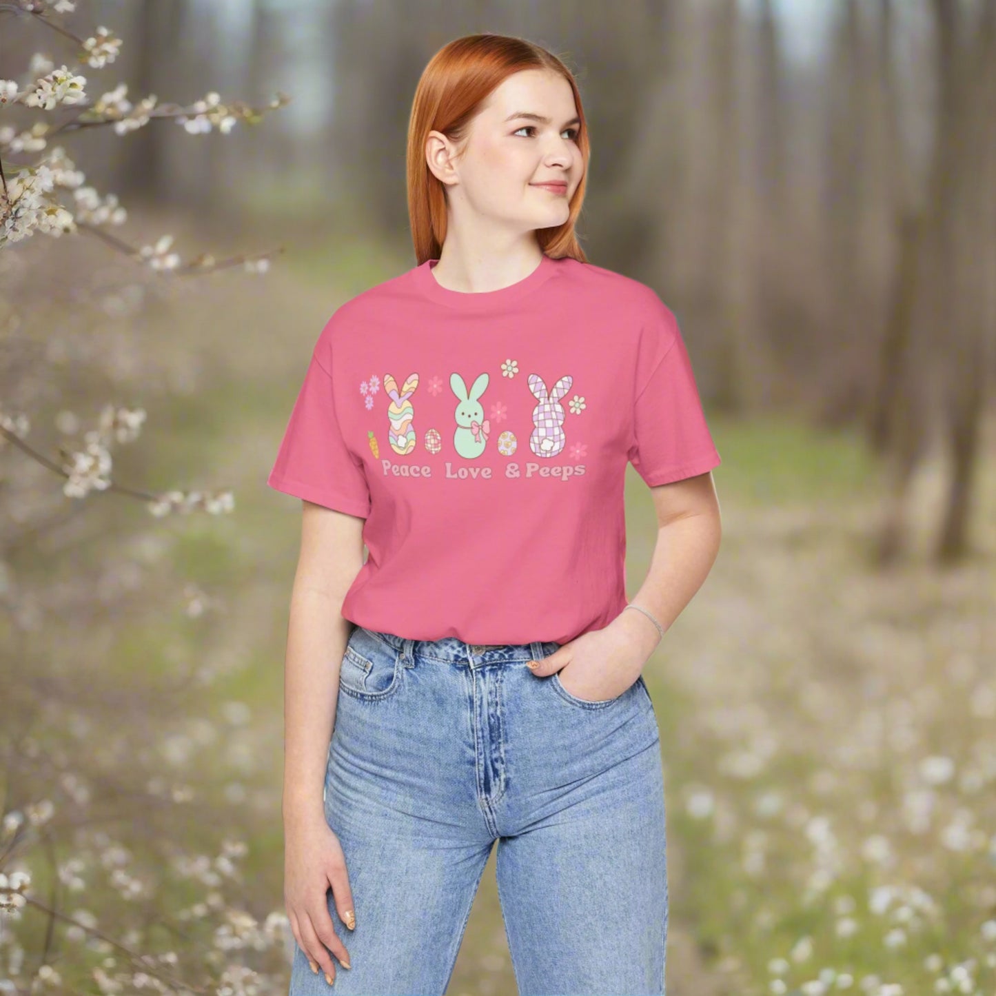 Image: Peace Love and Peeps Easter Shirt for Adults and Children. This Mommy and Me Match Easter Tee features Peeps Easter Candy with Easter Eggs and Daisies. A great Easter shirt for your family holiday celebrations, by jaecrece