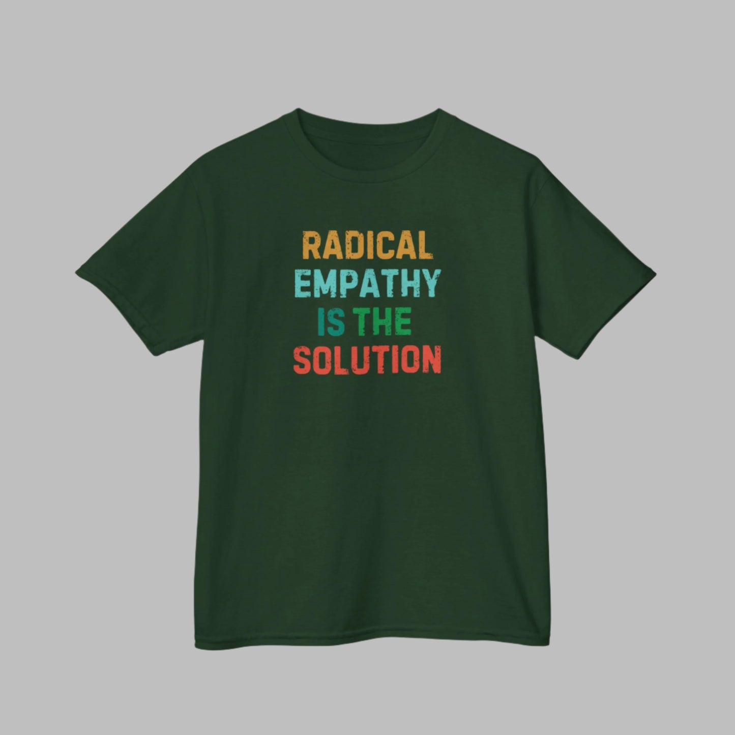 Image: Youth-sized activist t-shirt with the message "Radical Empathy is the Solution," a powerful statement for kids who care about equality and social justice. This shirt is a great way for children to express their support for kindness, neurodiversity, and mental health awareness. Made for young feminists, progressive thinkers, and future leaders, by jaecrece.