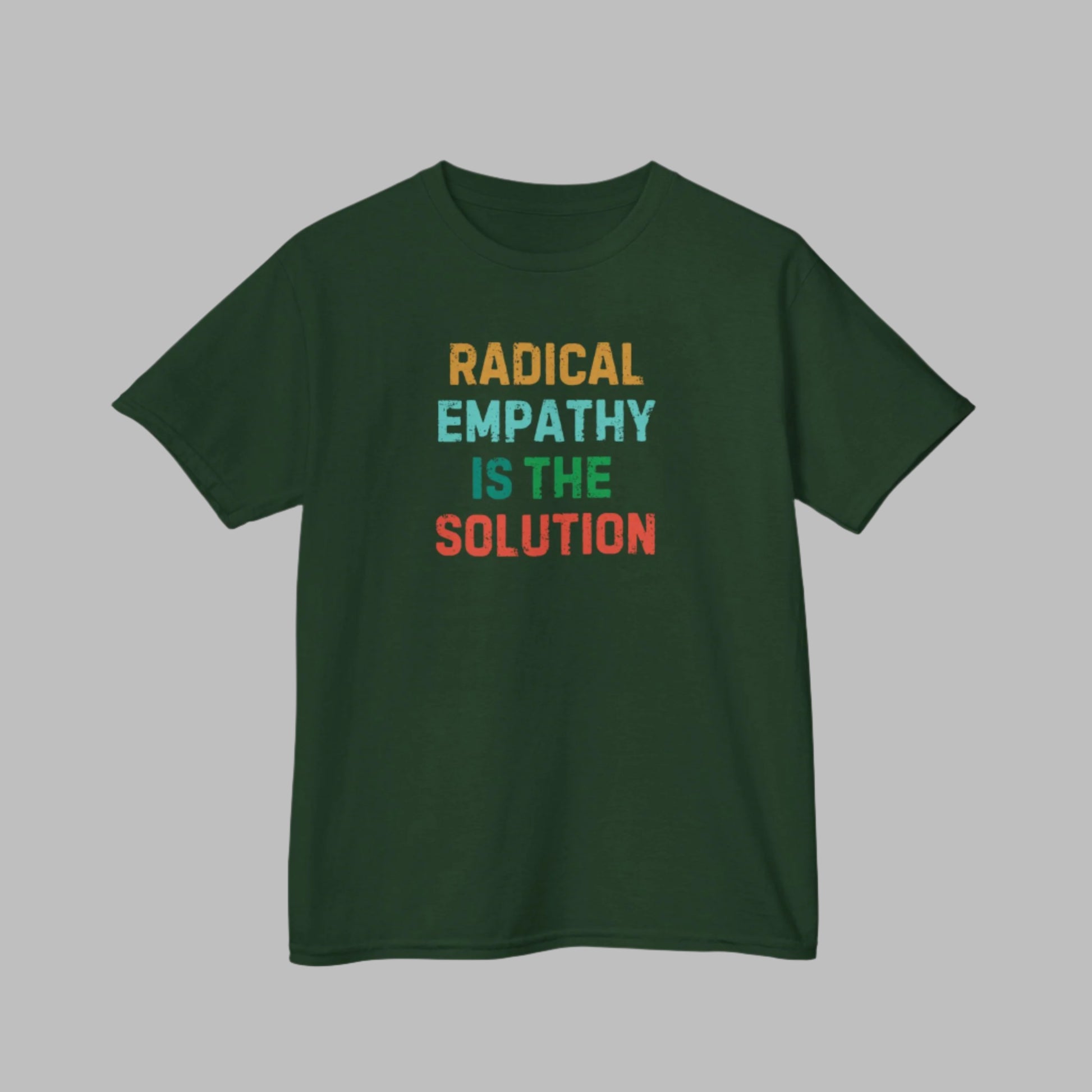 Image: Youth-sized activist t-shirt with the message "Radical Empathy is the Solution," a powerful statement for kids who care about equality and social justice. This shirt is a great way for children to express their support for kindness, neurodiversity, and mental health awareness. Made for young feminists, progressive thinkers, and future leaders, by jaecrece.