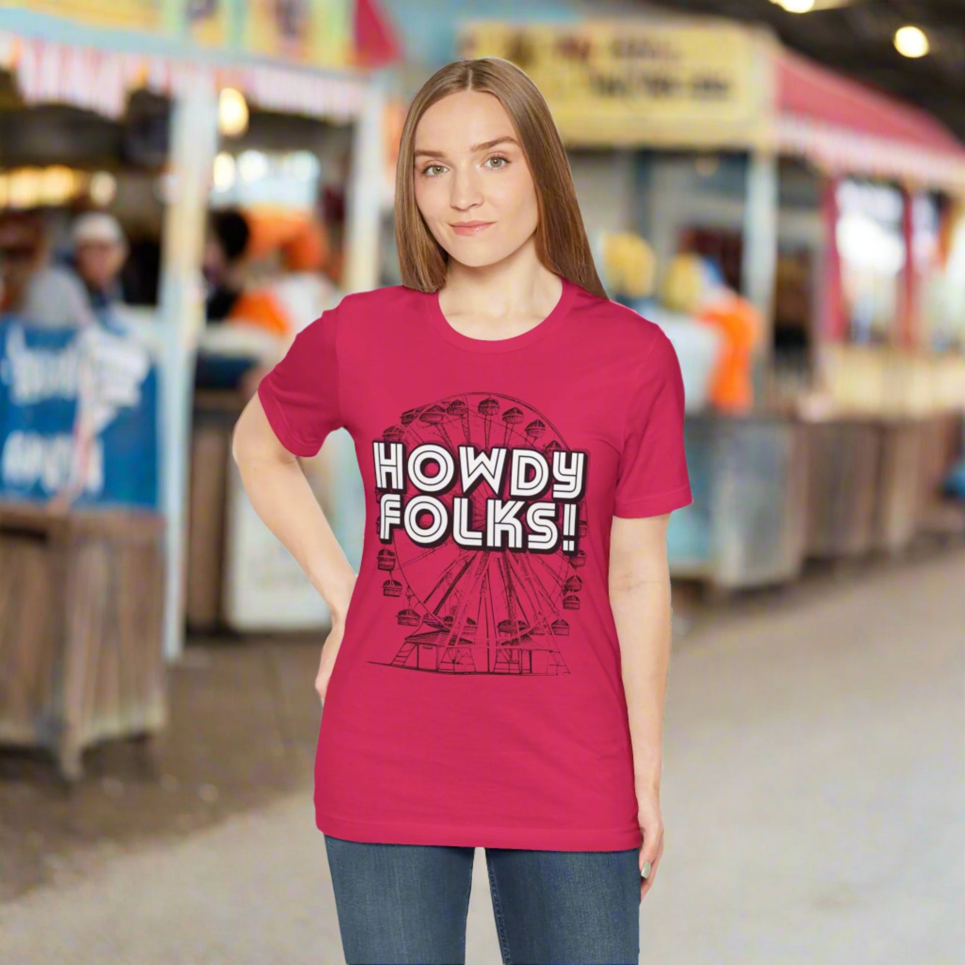 State Fair of TEXAS "Howdy Folks!'  adult shirt. This unisex tee features a retro graphic of a ferris wheel with the words Howdy Folks in large block letters. by jaecrece