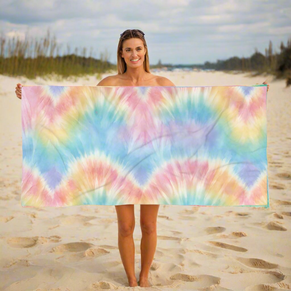 Pastel Tie Dye Beach Towel in shades of Blue, pink, yellow and purple. Watercolor Pool Towel | Coastal Bachelorette Gift | Cruise Accessories | Beach Vacation Blanket | Tween Teen Girl Birthday Gift, by jaecrece