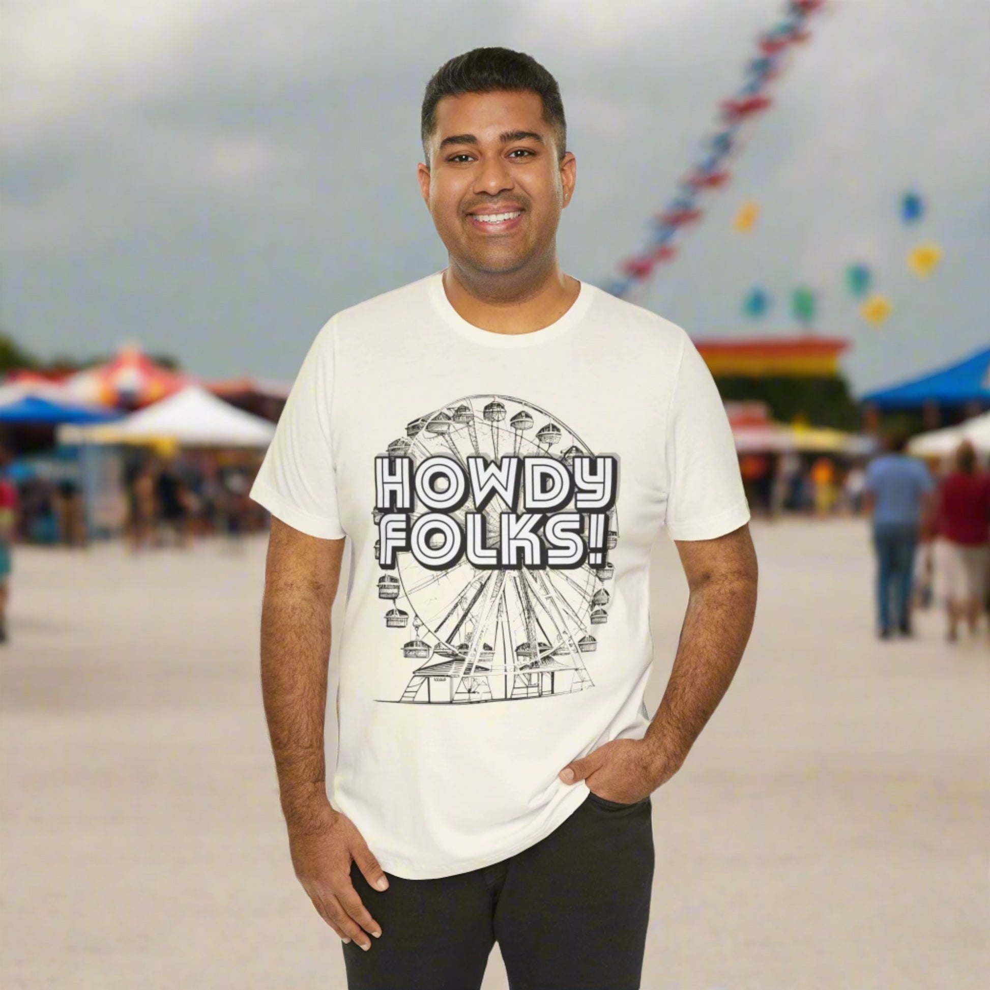 State Fair of TEXAS "Howdy Folks!'  adult shirt. This unisex tee features a retro graphic of a ferris wheel with the words Howdy Folks in large block letters. by jaecrece