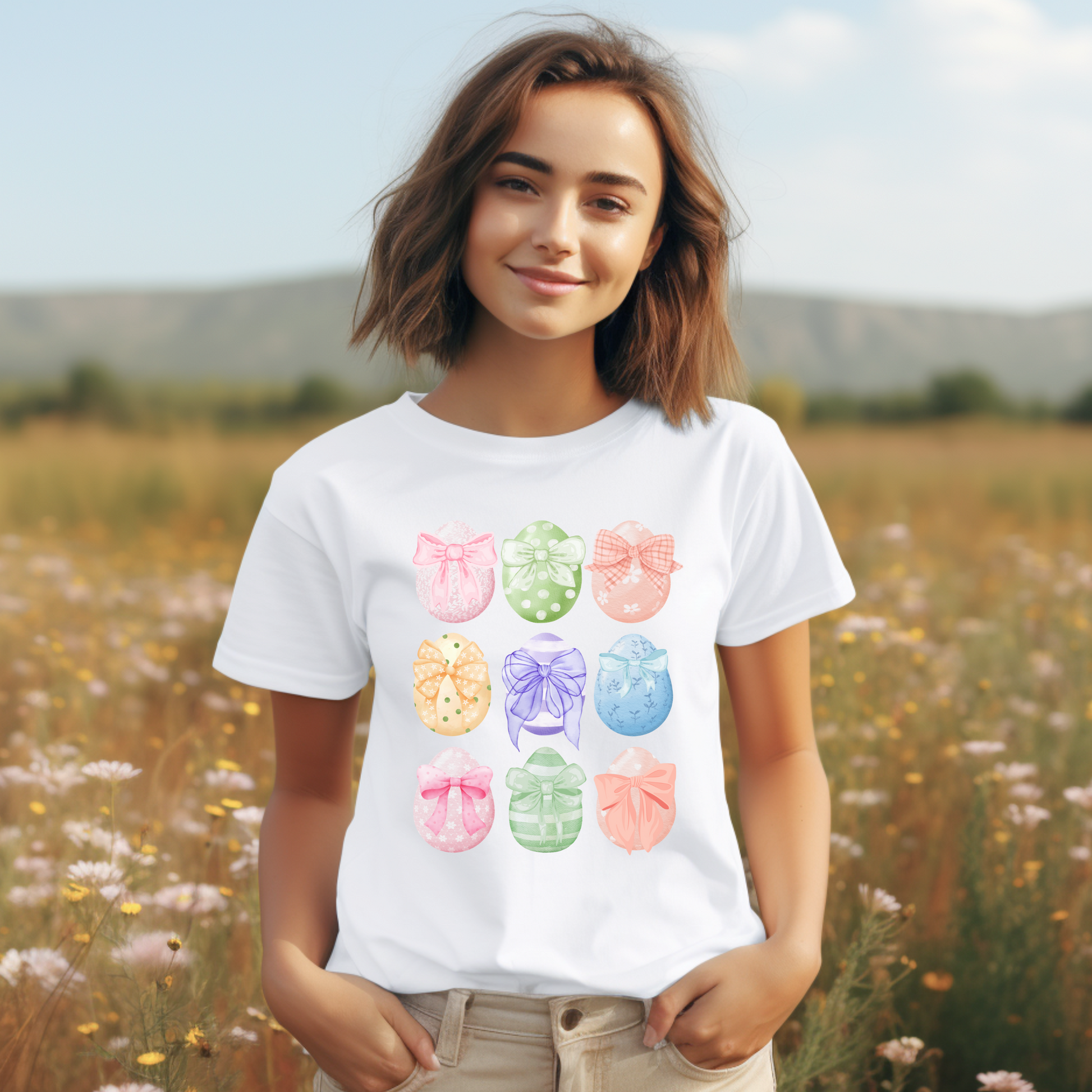 Image: Easter egg tshirt with coquette bows for women. This tee makes a great Easter basket gift, or the perfect outfit for Easter celebrations, by jaecrece