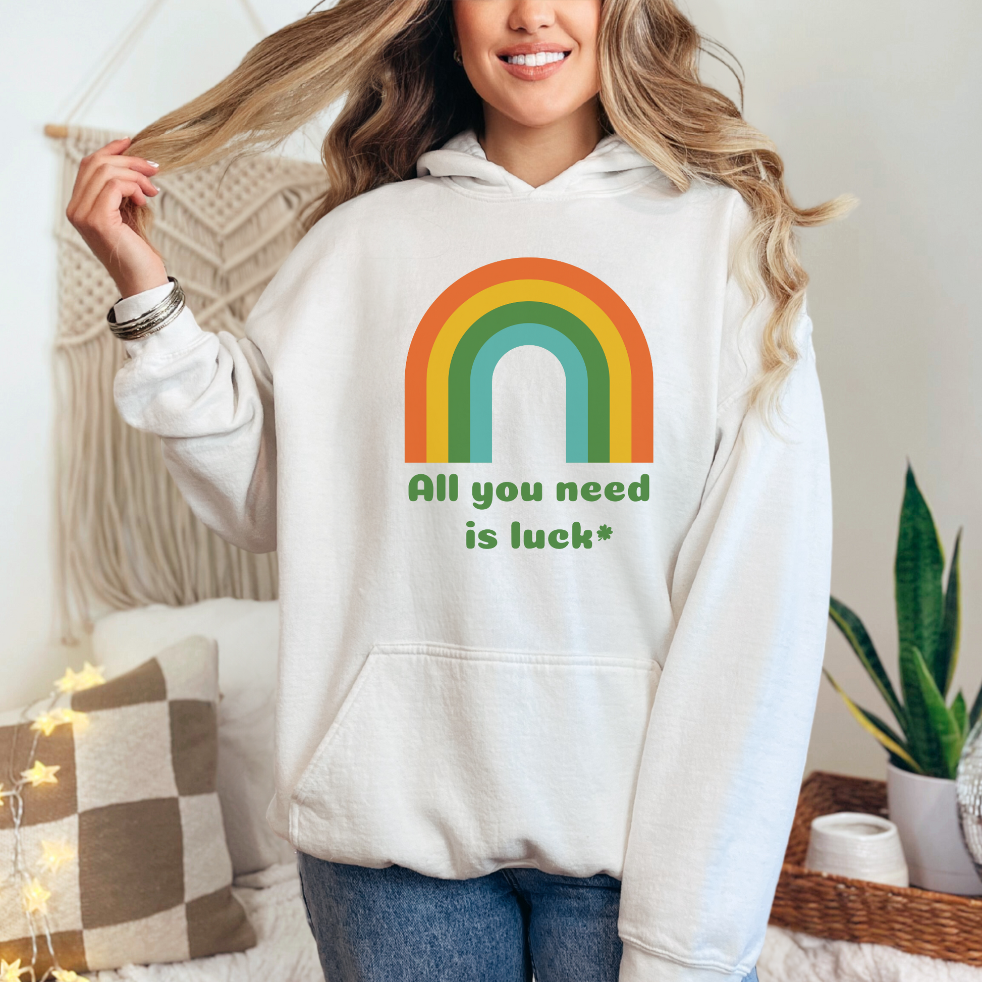 Image: St Patricks Day Sweatshirt with a retro rainbow graphic and the text All you need is Luck, St Pattys Hoodie, All You Need is Luck Adult Sweater, Good Luck Charm Clover, Family Matching Outfit, Shamrock Mommy Me, Boyfriend Crewneck, by jaecrece