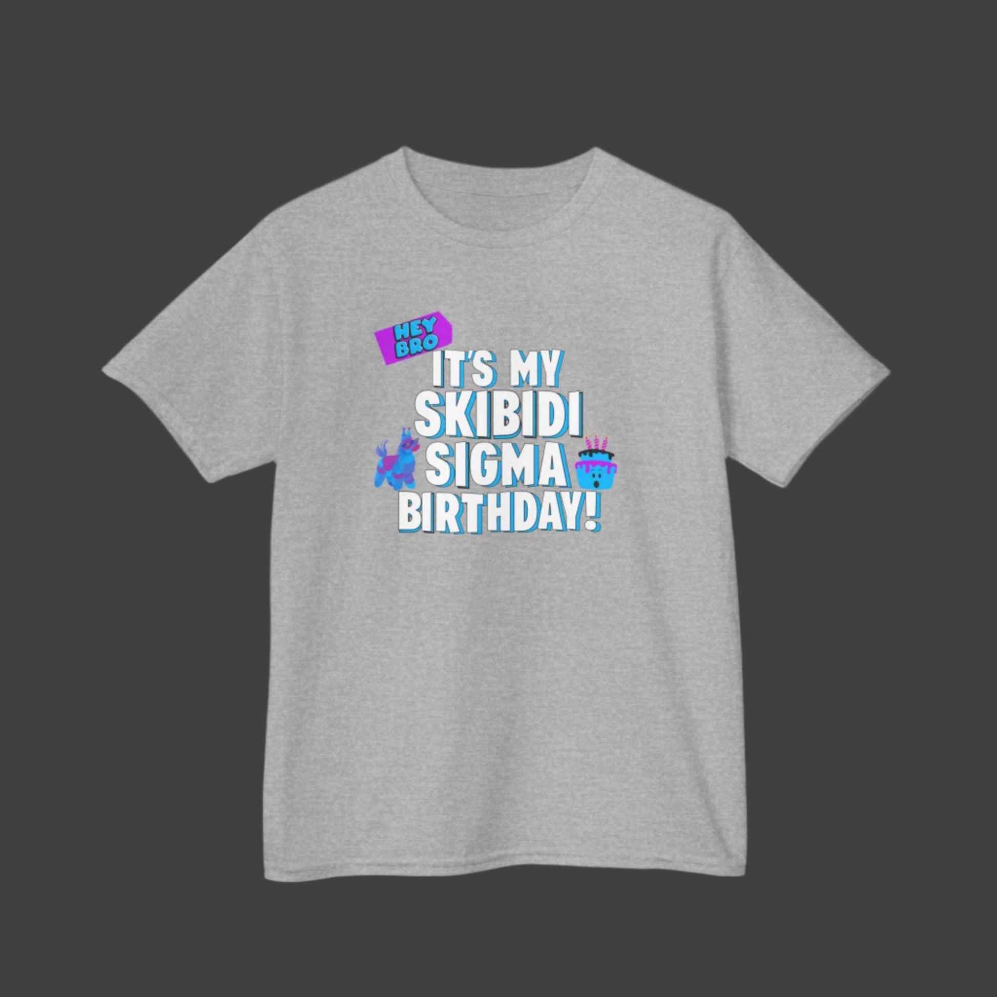 Image: Skibidi Sigma Birthday shirt for Boys and Girls. This tshirt says Hey Bro, its my Skibidi Sigma Birthday with a llama pinata and a birthday cake, by jaecrece