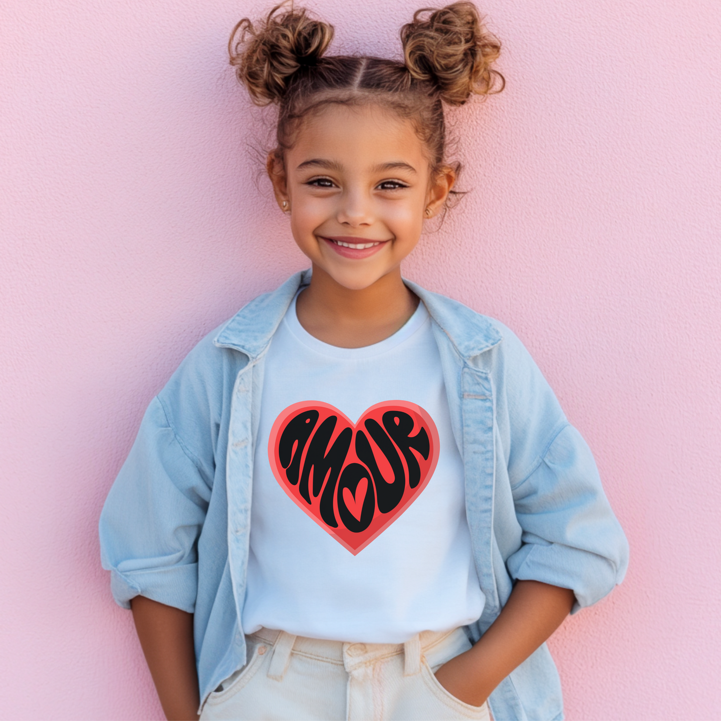 Show love in French style with this Amour Love Girls T-shirt, designed for Valentine’s Day and beyond. Featuring a heart graphic and the word “Amour,” this cute coquette tee comes in sizes XS–XL. Perfect for Francophile girls or as a Galentine gift for daughters, the soft pink color and comfy fit make it ideal for school, family photos, or matching with mom. This Paris-themed girls shirt fits into any holiday or everyday wardrobe.
