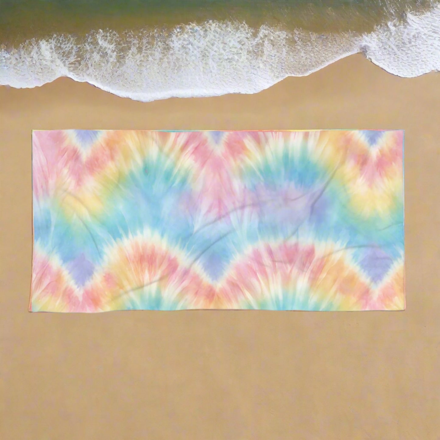 Pastel Tie Dye Beach Towel in shades of Blue, pink, yellow and purple. Watercolor Pool Towel | Coastal Bachelorette Gift | Cruise Accessories | Beach Vacation Blanket | Tween Teen Girl Birthday Gift, by jaecrece