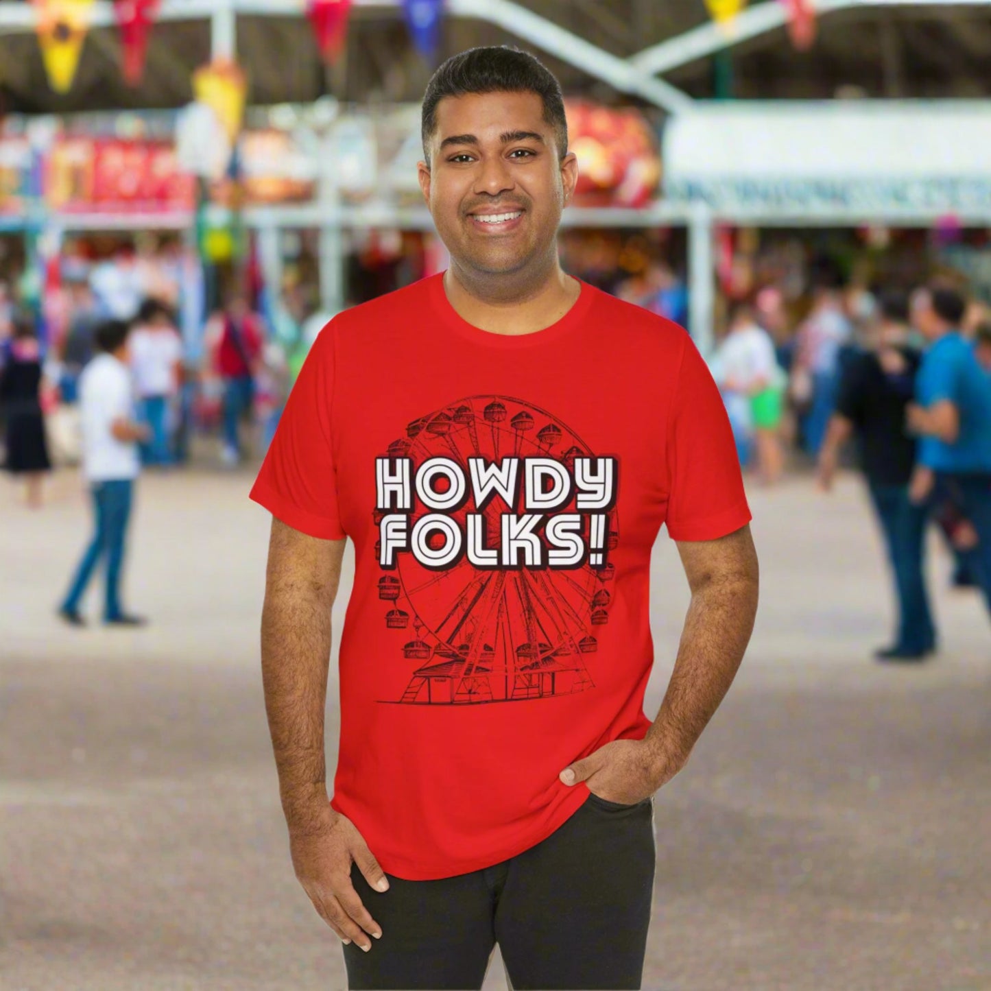 State Fair of TEXAS "Howdy Folks!'  adult shirt. This unisex tee features a retro graphic of a ferris wheel with the words Howdy Folks in large block letters. by jaecrece