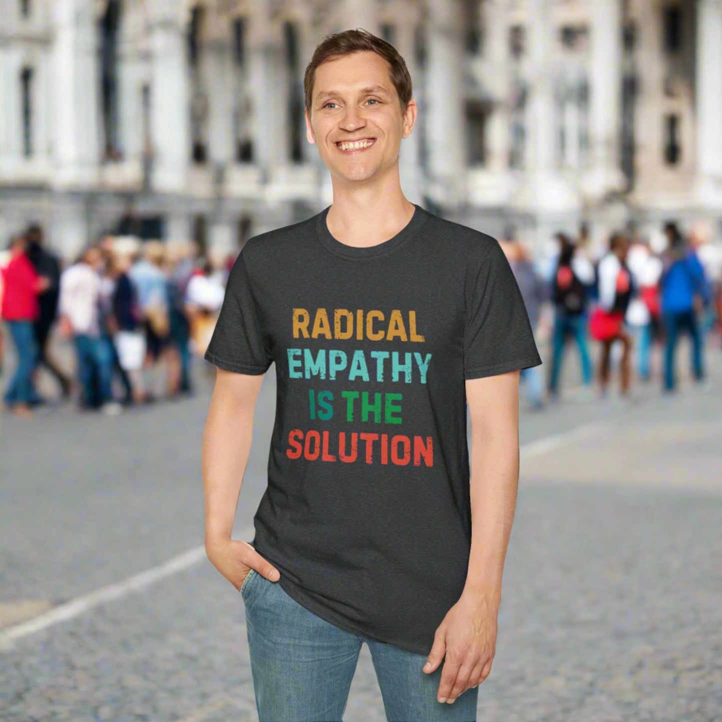 Image: Make a statement with this bold "Radical Empathy is the Solution" t-shirt, a must-have for activists and progressive thinkers. This unisex tee is perfect for rallies, protests, or everyday wear, ensuring your values are seen and heard. Whether you support mental health awareness, neurodiversity, or feminist causes, this inclusion shirt is a great way to share your message, by jaecrece.