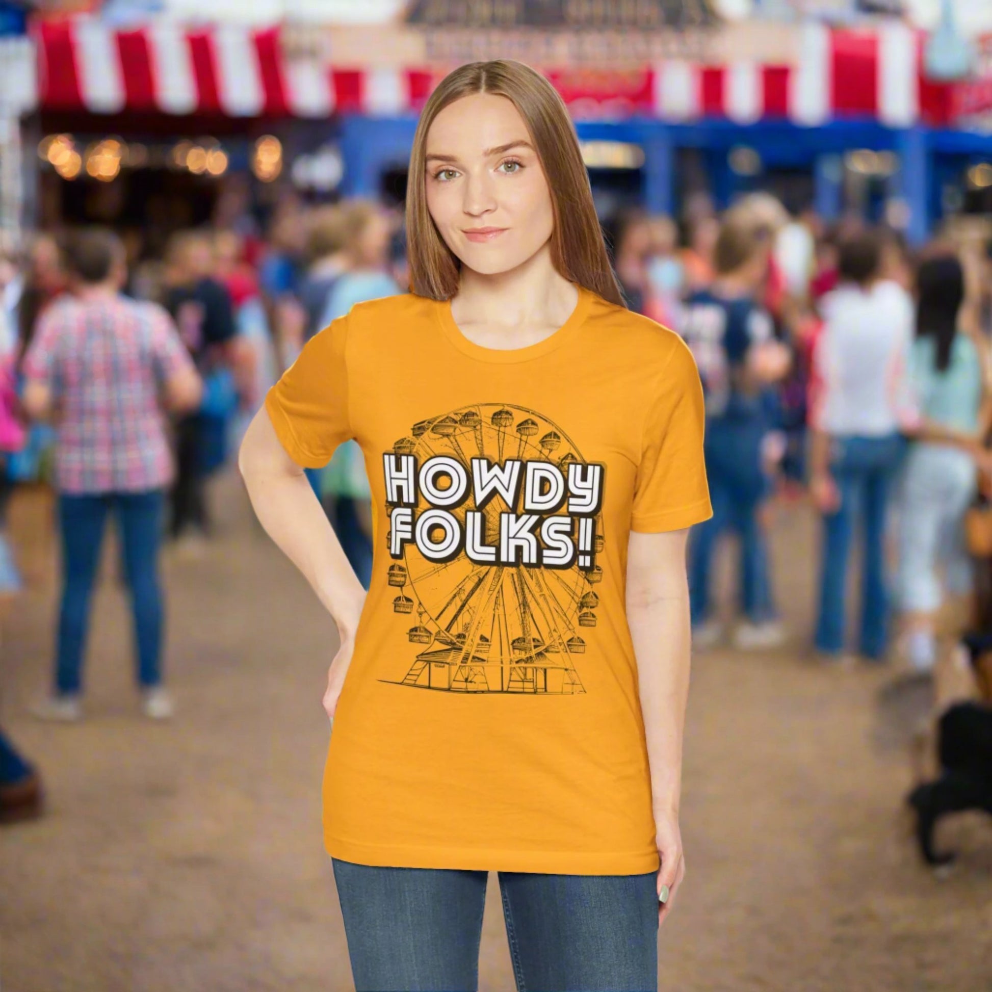 State Fair of TEXAS "Howdy Folks!'  adult shirt. This unisex tee features a retro graphic of a ferris wheel with the words Howdy Folks in large block letters. by jaecrece