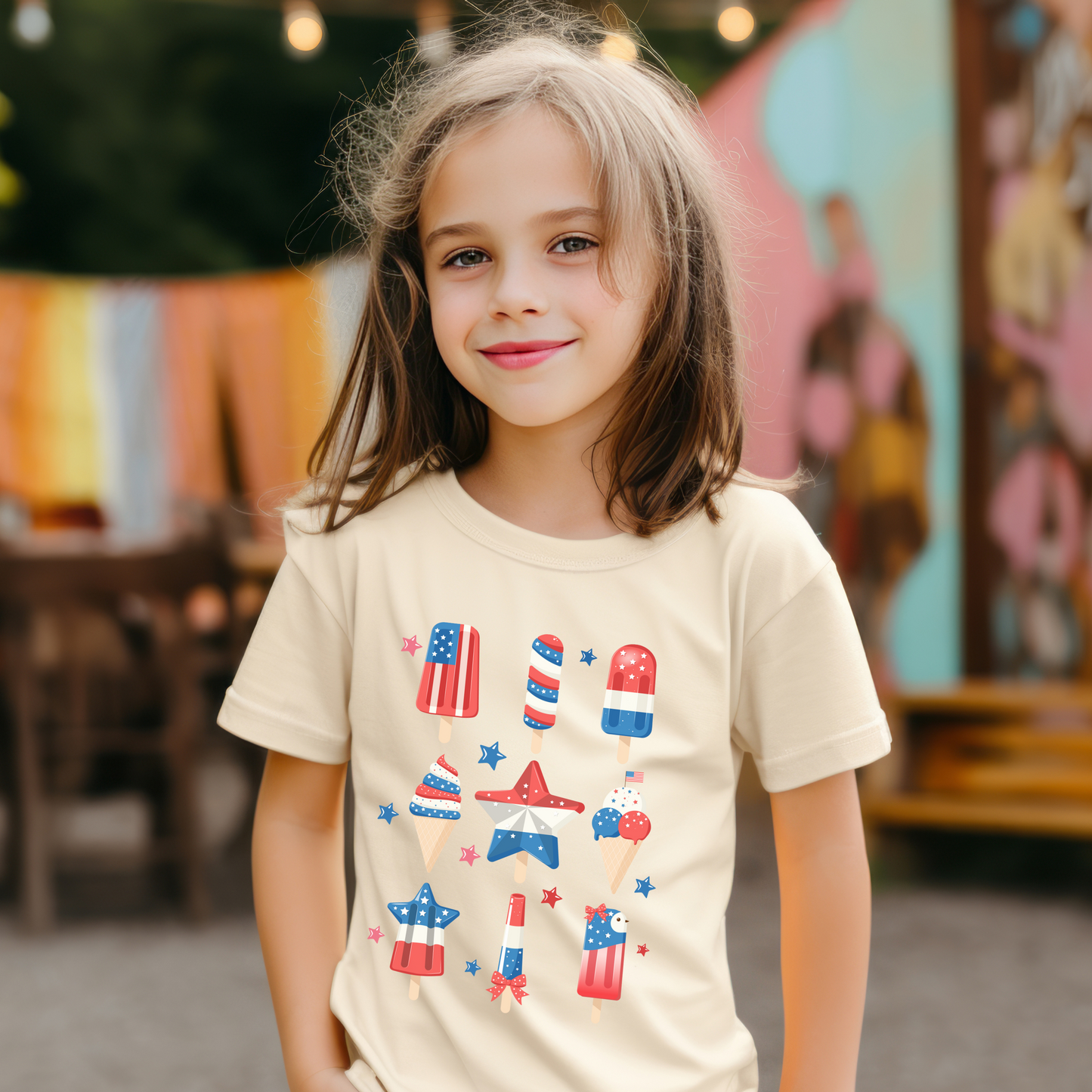 Image: Red, white, and blue girls shirt with a popsicle print, designed to celebrate summer fun and patriotic holidays like the Fourth of July and Memorial Day. This toddler and youth tee is perfect for parades, fireworks, and backyard cookouts. With a playful and sweet popsicle graphic, this girls summer shirt is great for little ones who love bold colors and American pride. An ideal choice for matching sibling outfits or family group photos, by jaecrece.