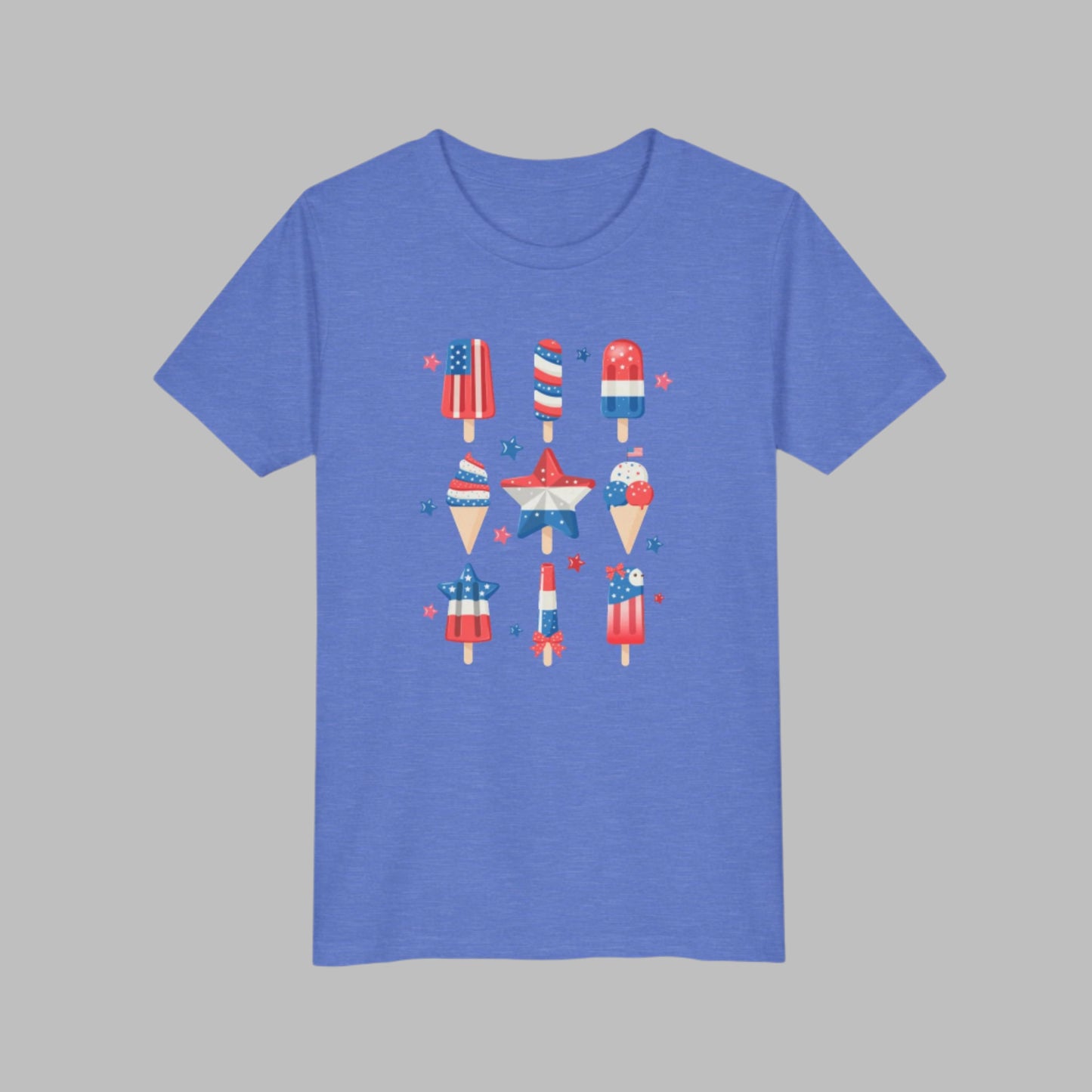 Image: Your child will shine bright in this stars and stripes popsicle shirt, made for kids in sizes S to XL. The red white and blue design celebrates all things American, making it a must have for patriotic holidays. Great for summer adventures, this fun tee is soft and breathable, ideal for family barbecues, flag waving, and firework watching, by jaecrece.
