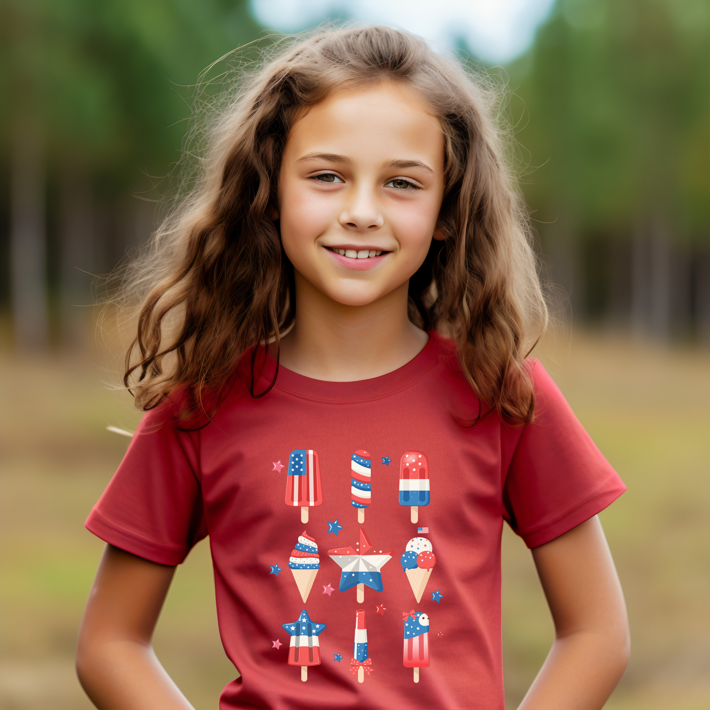 Image: A festive girls t-shirt featuring a red, white, and blue popsicle design, perfect for celebrating the Fourth of July, Memorial Day, or any patriotic occasion. This fun and colorful shirt is ideal for toddler girls and kids who love showing off their American pride with a sweet twist. Whether worn at a family barbecue, summer parade, or fireworks show, this cute holiday tee adds charm to any Independence Day outfit, by jaecrece.