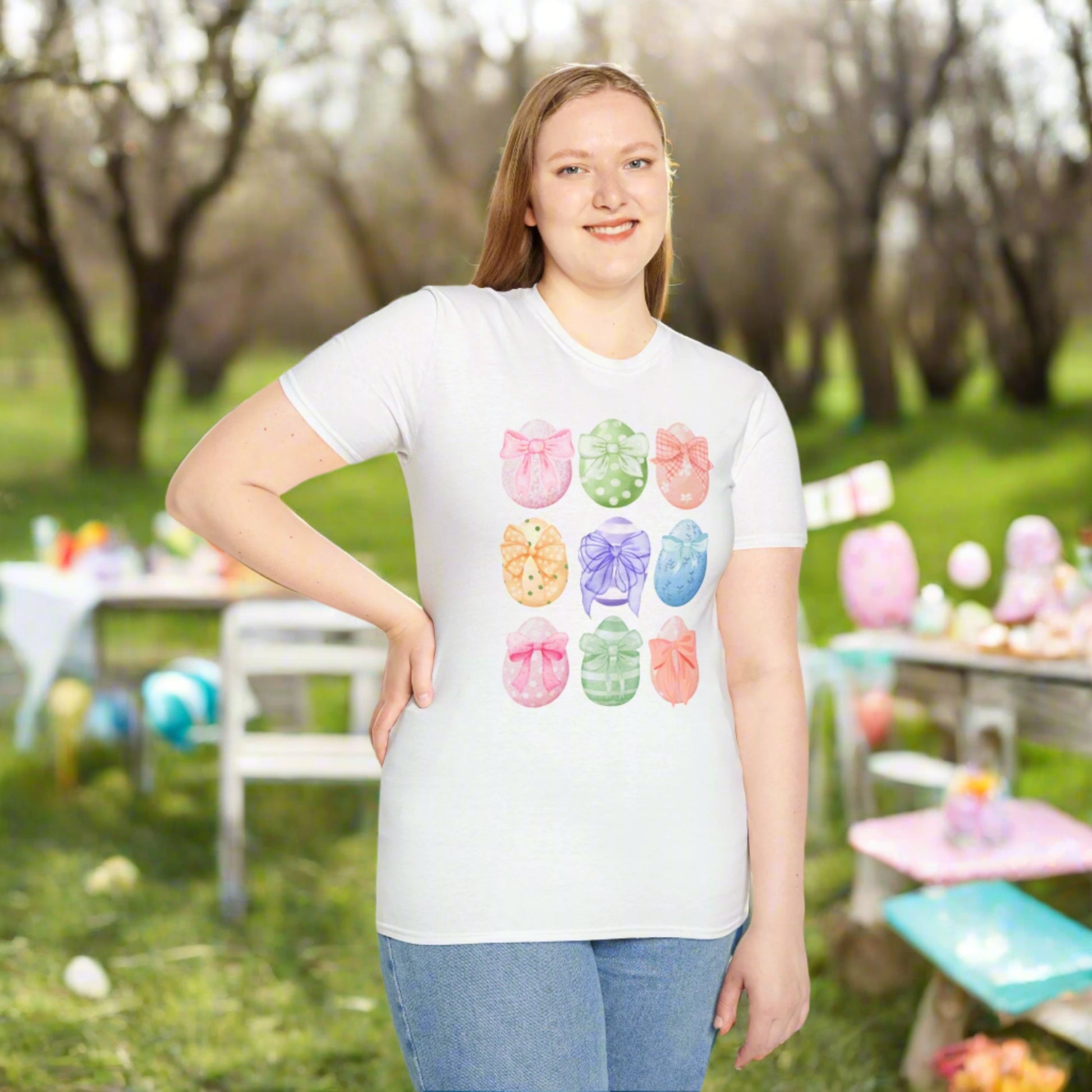 Image: Easter egg tshirt with coquette bows for women. This tee makes a great Easter basket gift, or the perfect outfit for Easter celebrations, by jaecrece