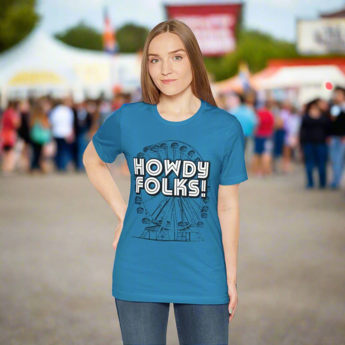 State Fair of TEXAS "Howdy Folks!'  adult shirt. This unisex tee features a retro graphic of a ferris wheel with the words Howdy Folks in large block letters. by jaecrece