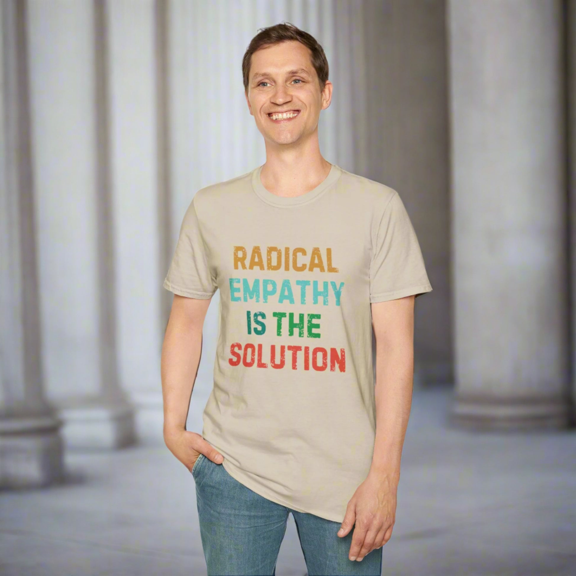 Image: Make a statement with this bold "Radical Empathy is the Solution" t-shirt, a must-have for activists and progressive thinkers. This unisex tee is perfect for rallies, protests, or everyday wear, ensuring your values are seen and heard. Whether you support mental health awareness, neurodiversity, or feminist causes, this inclusion shirt is a great way to share your message, by jaecrece.
