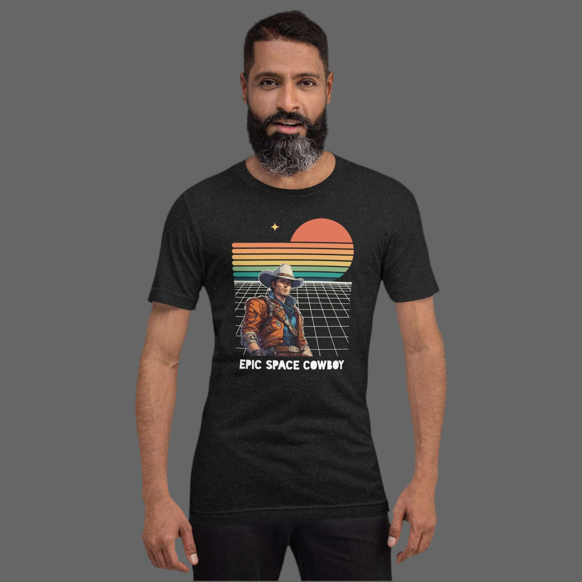 Epic Space Cowboy Adult Shirt- black men’s crewneck T-shirt featuring a retro futuristic space scene and a man in a cowboy hat, by jaecrece