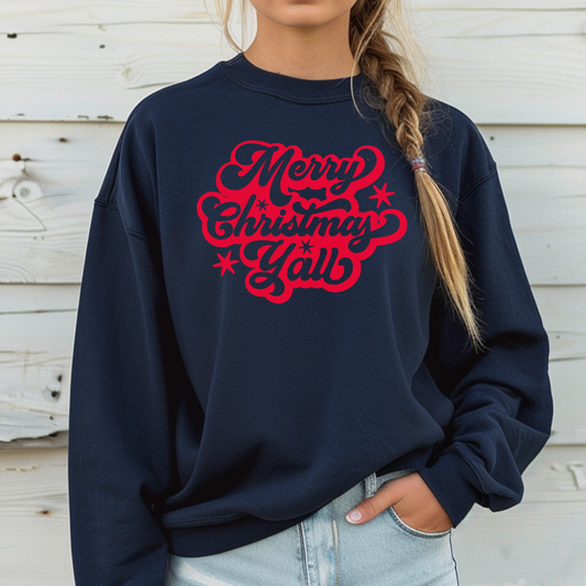 Celebrate the holidays in style with this Merry Christmas Y’all sweatshirt for adults. Designed with classic red lettering and printed on a cozy Gildan 18000 crewneck, this southern holiday sweatshirt pairs perfectly with matching child sizes for a complete family Christmas outfit. Ideal for festive parties, gift giving, or winter lounging, this pullover combines warmth, comfort, and charm for the whole family.