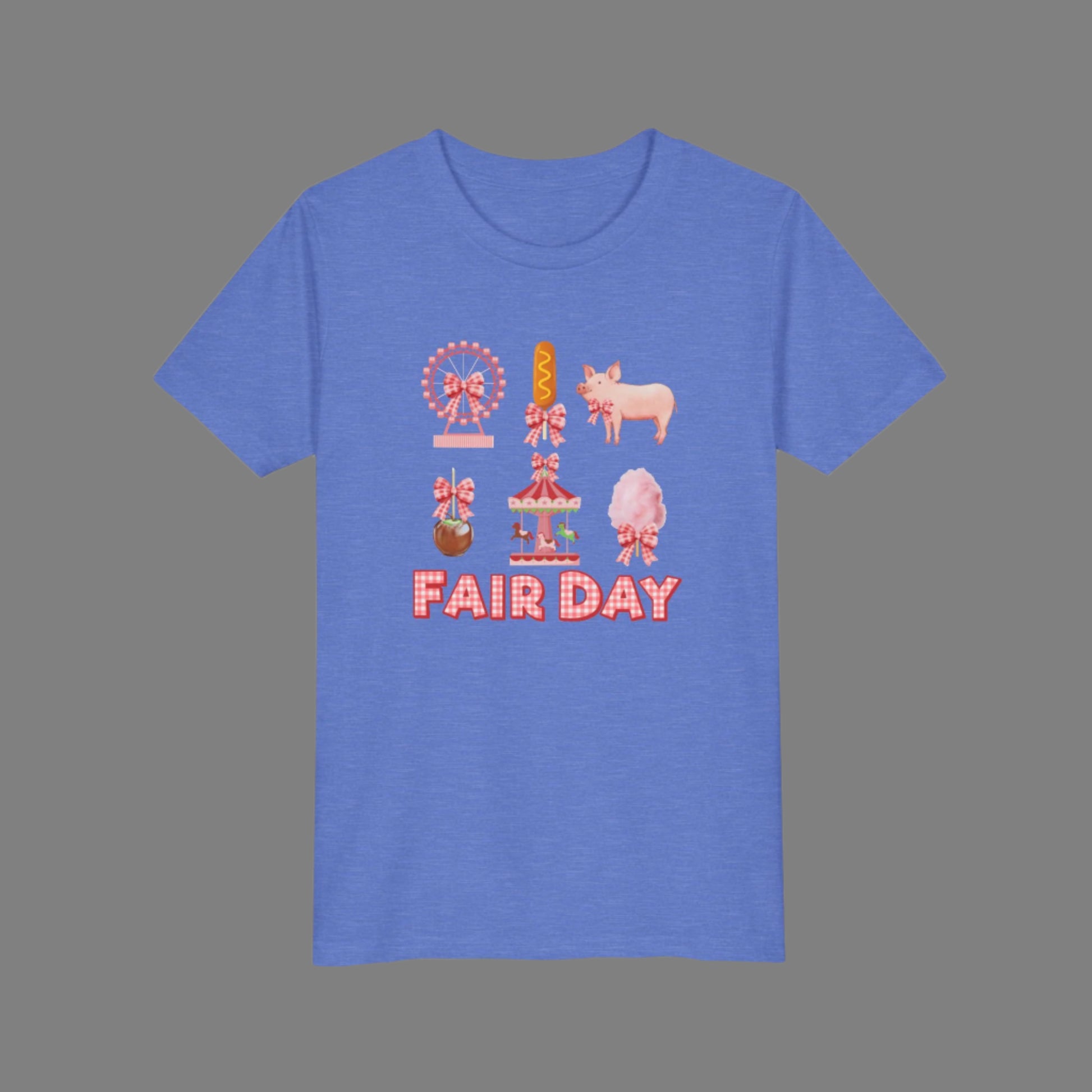 Image: A playful Fair Day graphic tee with red and white gingham lettering, designed for fair lovers of all ages. Featuring a collage of fair inspired images including a pig, Ferris wheel, caramel apple, and corndog, this shirt brings the fun of the fair to life. Designed with a soft girl coquette look, it is perfect for family matching outfits at the state fair, livestock shows, or carnival themed birthday parties, available in toddler, girl, and women’s sizes, by jaecrece.