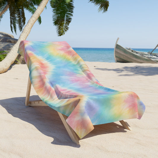 Pastel Tie Dye Beach Towel in shades of Blue, pink, yellow and purple. Watercolor Pool Towel | Coastal Bachelorette Gift | Cruise Accessories | Beach Vacation Blanket | Tween Teen Girl Birthday Gift, by jaecrece