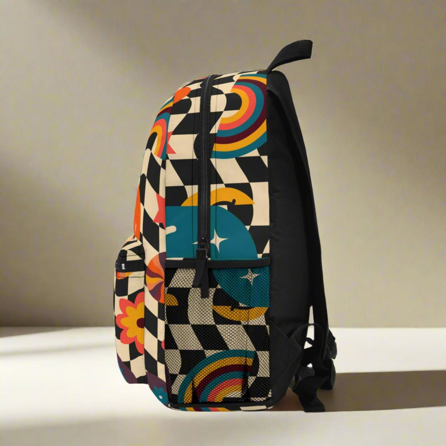 Image: Smiley Face Retro Checkerboard Backpack, with a black and tan checker pattern, and daisies, rainbows, suns and stars. The perfect vintage back to school bookbag for your hippie chick teen or tween, by jaecrece