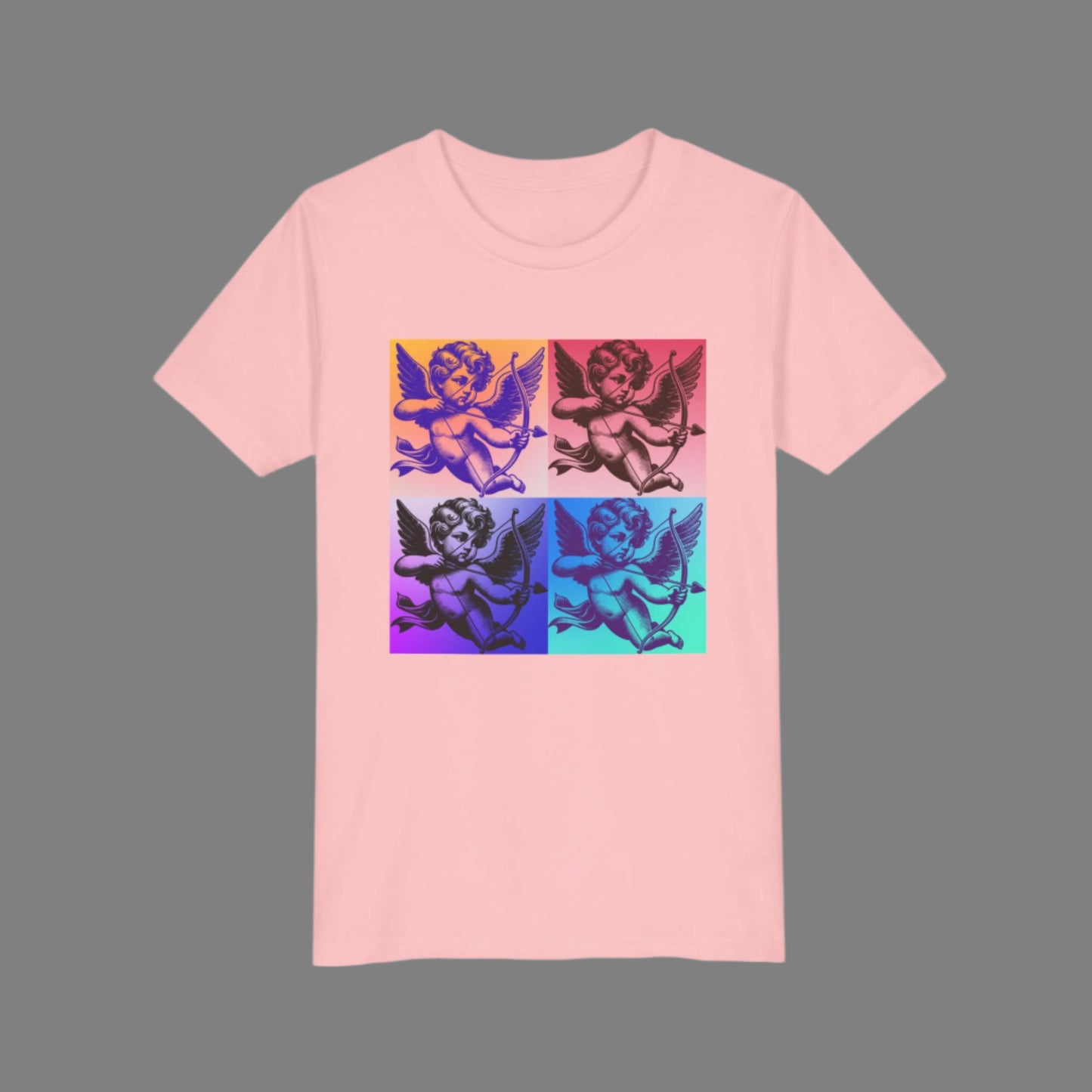 Featuring a Cupid soaring through the clouds in bold, pop art style, this children's T-shirt in sizes S–XL blends soft girl tones with retro-cool graphics. Available in black, white, and pink, it’s ideal for holidays, playdates, or making a statement any day of the year. Inspired by iconic art prints, this shirt offers a trendy look for stylish kids and is part of a matching Valentine and everyday collection with sizes for toddlers and adults.