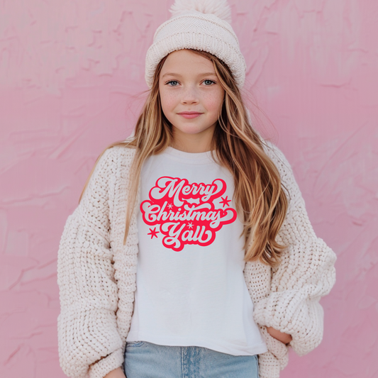 This youth Christmas T-shirt features “Merry Christmas Y’all” in bold red script, perfect for festive Southern kids’ outfits. Made from soft cotton with a relaxed fit, it’s ideal for school parties, photos, and family holiday gatherings. Matches with adult and toddler sizes for coordinated family Christmas looks. Great gift for kids who love holiday tees and Southern Christmas cheer, perfect for December events and cozy mornings.