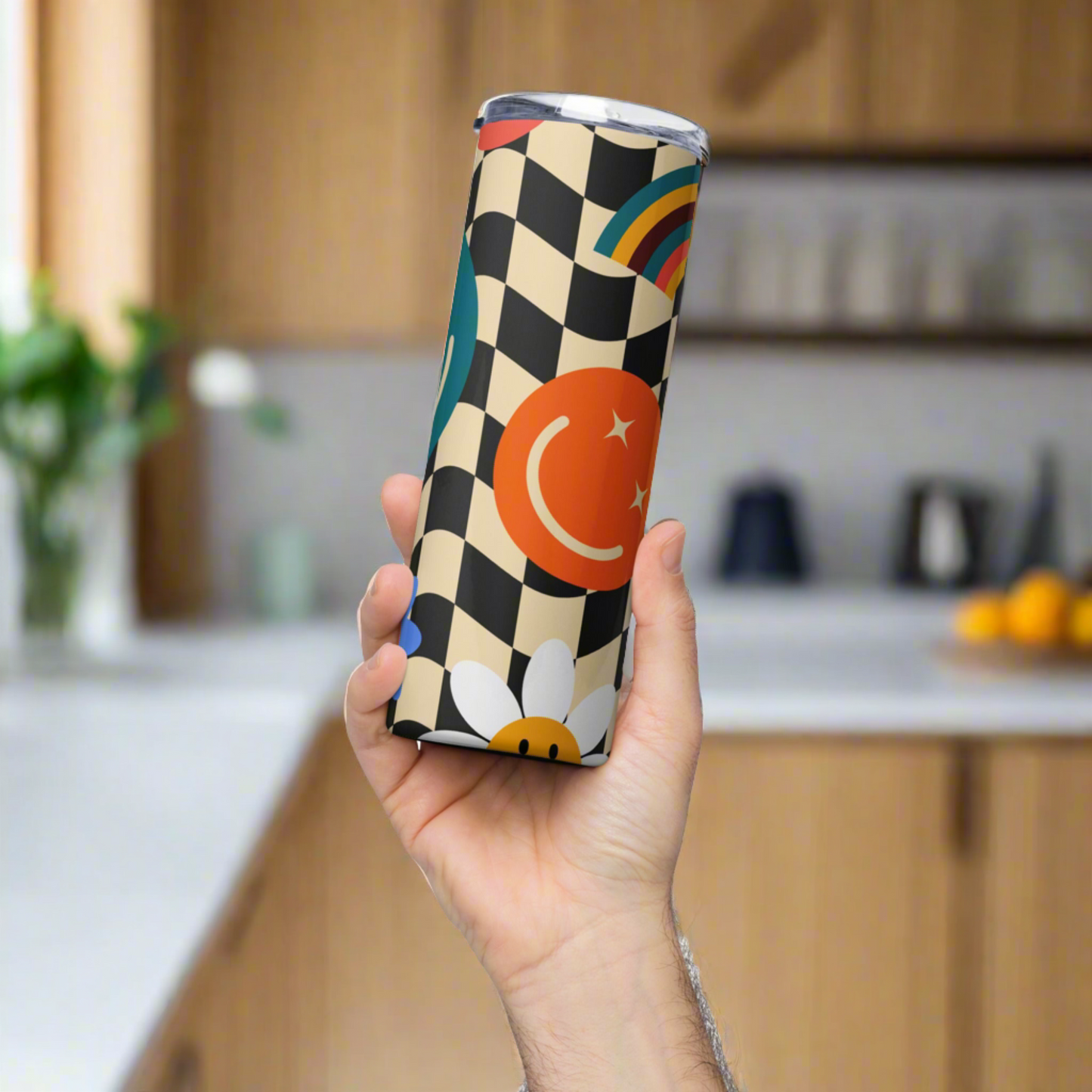 Retro Smiley Face Checkerboard 20 oz Stainless Steel Tumbler, created with a fun black and tan checker pattern with rainbows, smiley faces and daisies, by jaecrece.com