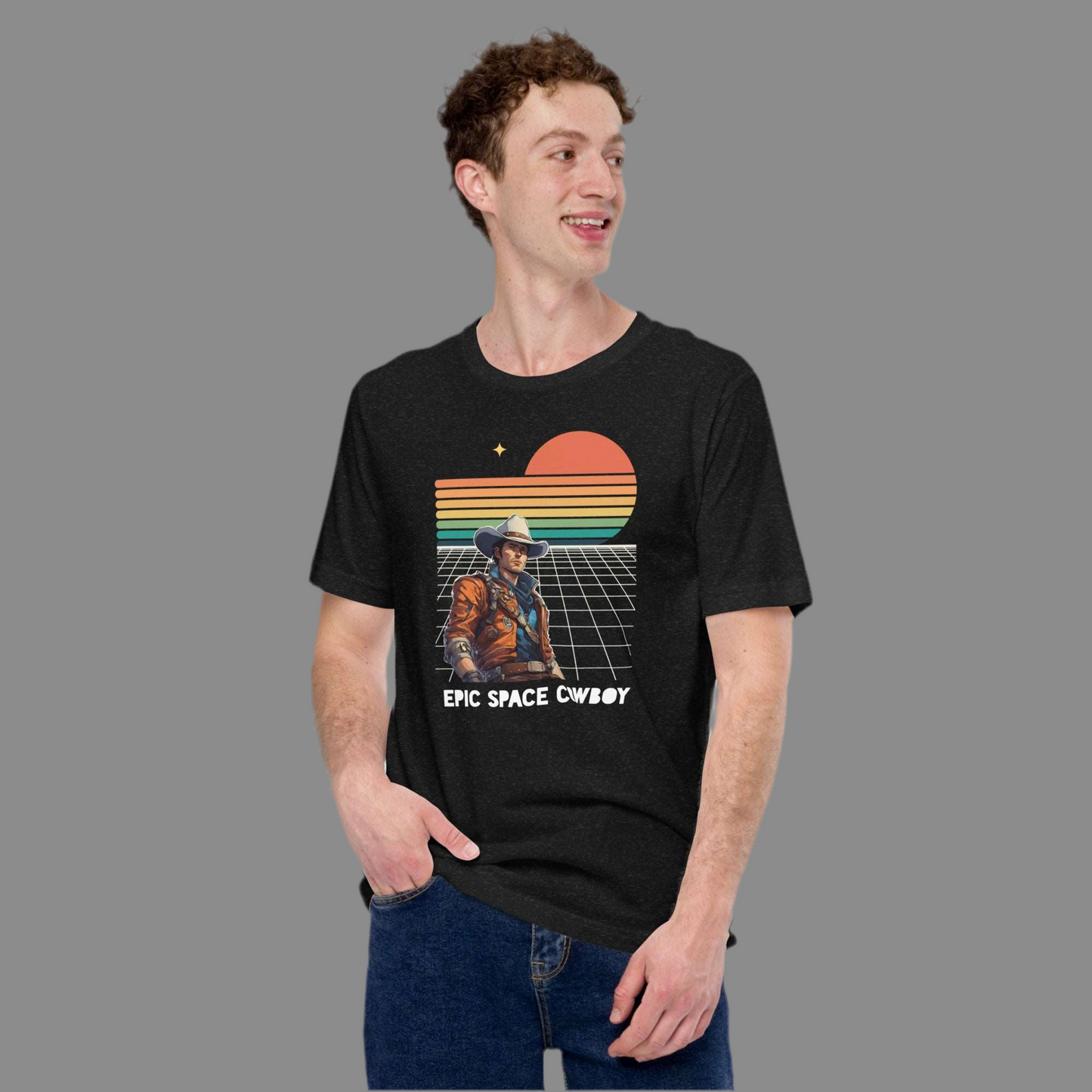 Epic Space Cowboy Adult Shirt- black men’s crewneck T-shirt featuring a retro futuristic space scene and a man in a cowboy hat, by jaecrece