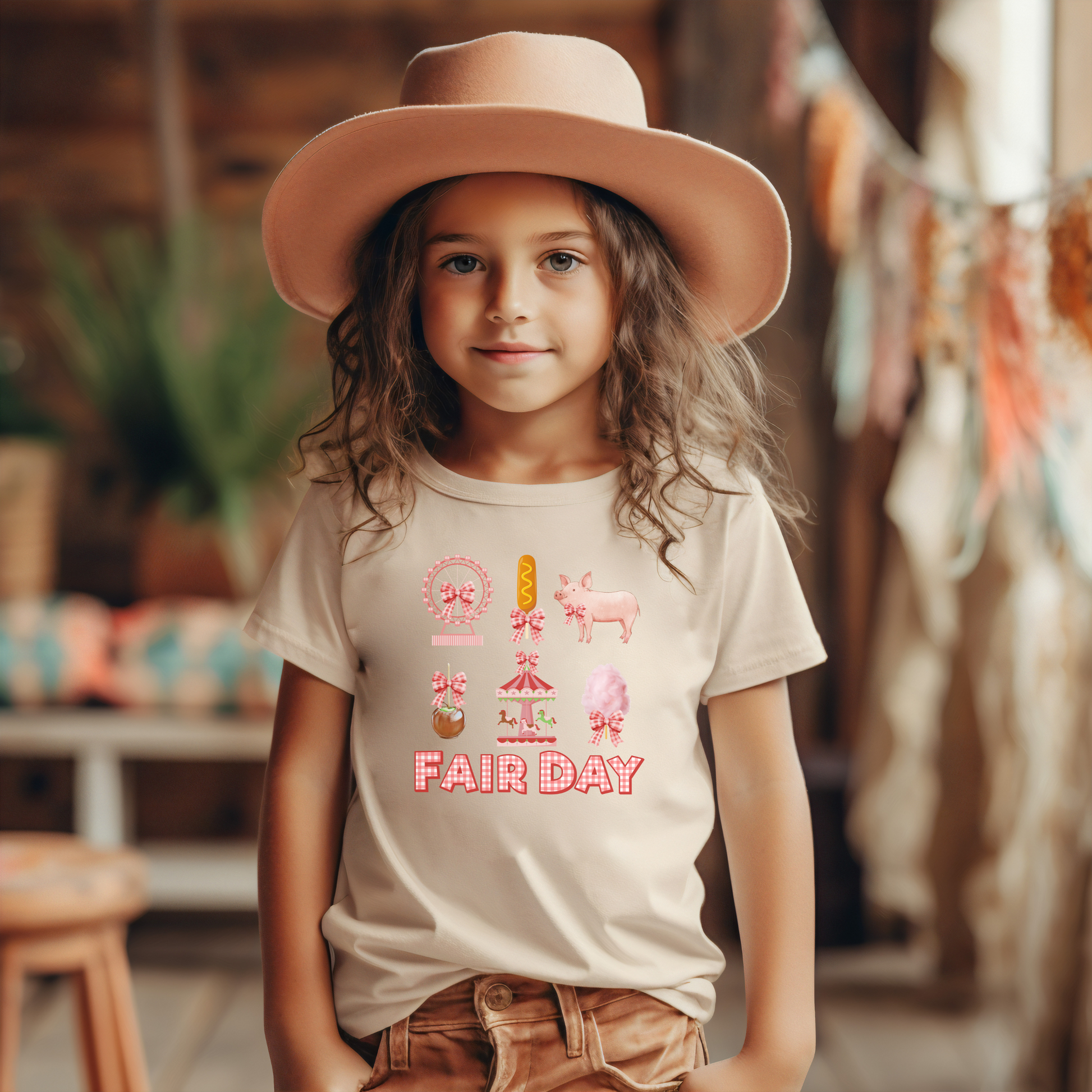 Image: A charming Fair Day shirt with bold red and white gingham letters spelling out Fair Day, surrounded by fun carnival themed graphics including cotton candy, a Ferris wheel, a caramel apple, a pig, a corn dog, and classic carnival rides. Designed in a soft girl coquette aesthetic, this top is perfect for state fairs, county fairs, livestock shows, or fun themed birthday parties. Available in toddler, girls, and women's sizes for matching outfits, by jaecrece.